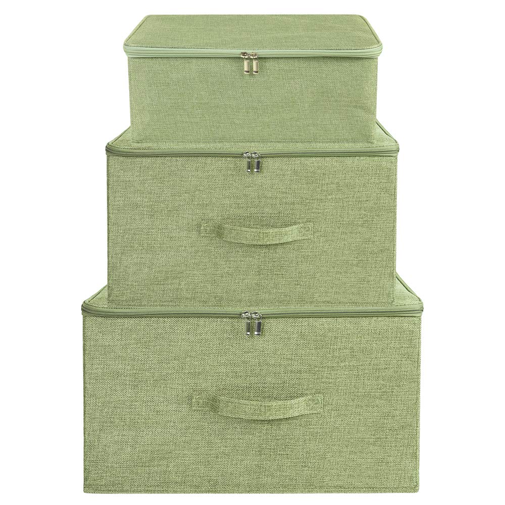 ANMINY Storage Bins with Zipper Lid Storage Boxes with Handles PP Plastic Board Foldable Lidded Cotton Linen Fabric Home Cube Baskets Closet Clothes Toys Organizer Container - Green  Extra Large Size