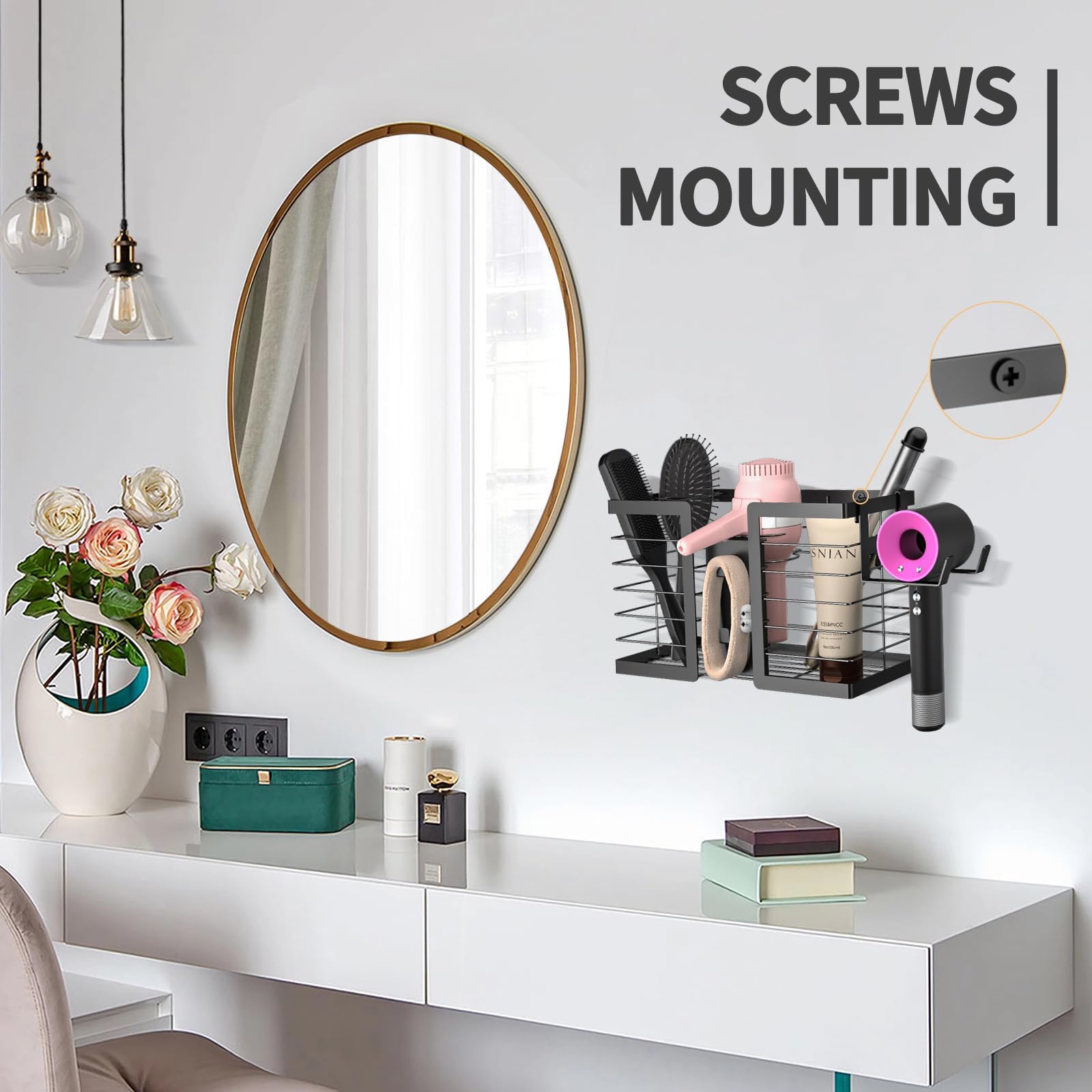 Funkylee Hair Tool Organizer Hair Dryer Holder, 3 In 1 Metal Bathroom Blow Dryer Organizer Wall Mount For Flat Iron, Curling Iro