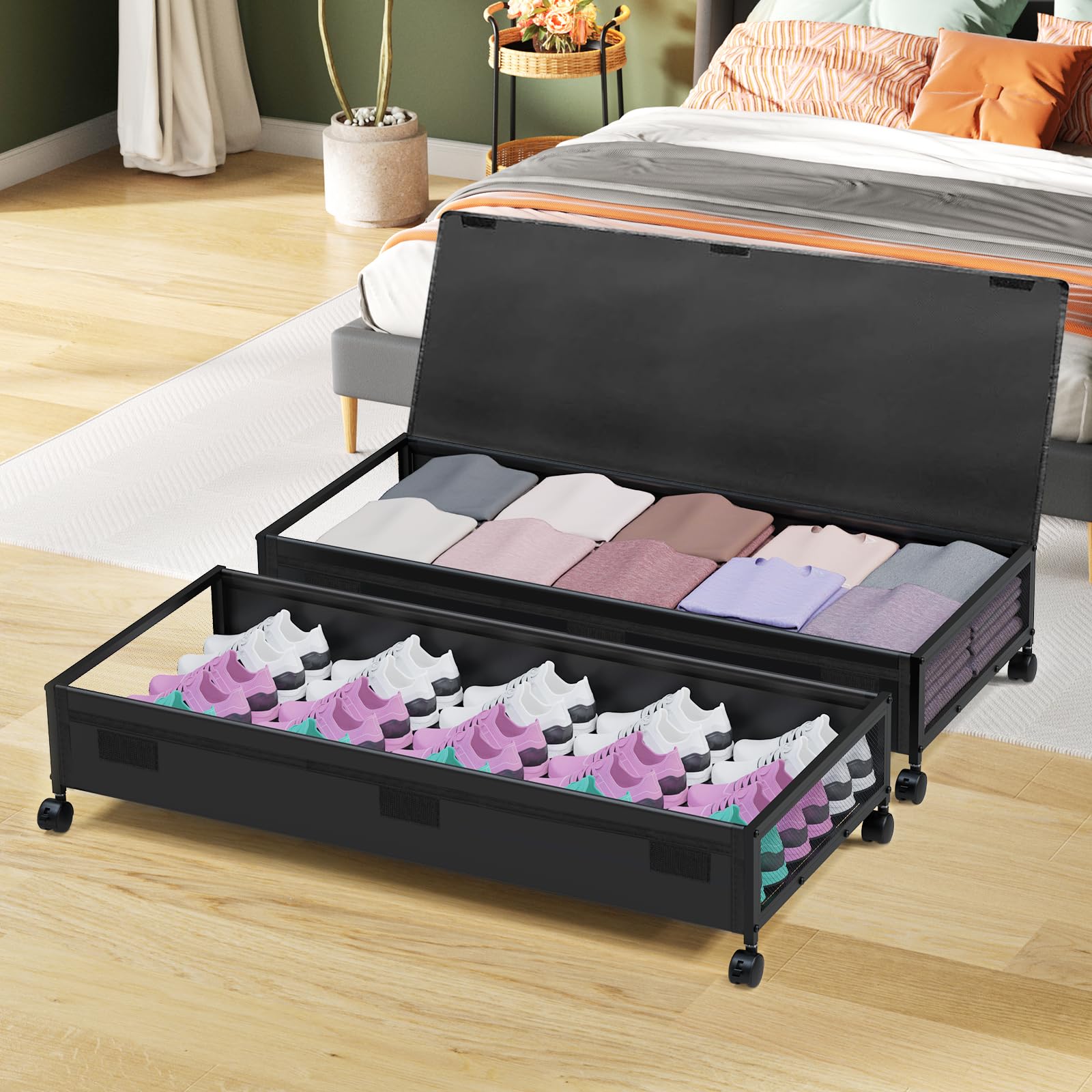 MixcMax Under Bed Storage Bins With Lids - 2Pack Lengthen Underbed Storage Containers with Wheels, Large Capacity Metal Clothes
