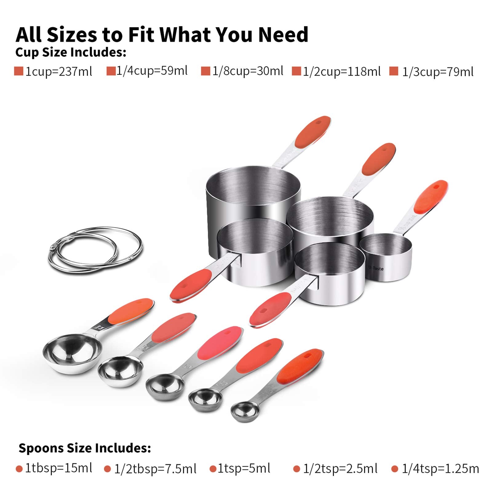 Measuring Cups : U-Taste 18/8 Stainless Steel Measuring Cups And Spoons Set Of 10 Piece, Upgraded Thickness Handle(Orange)