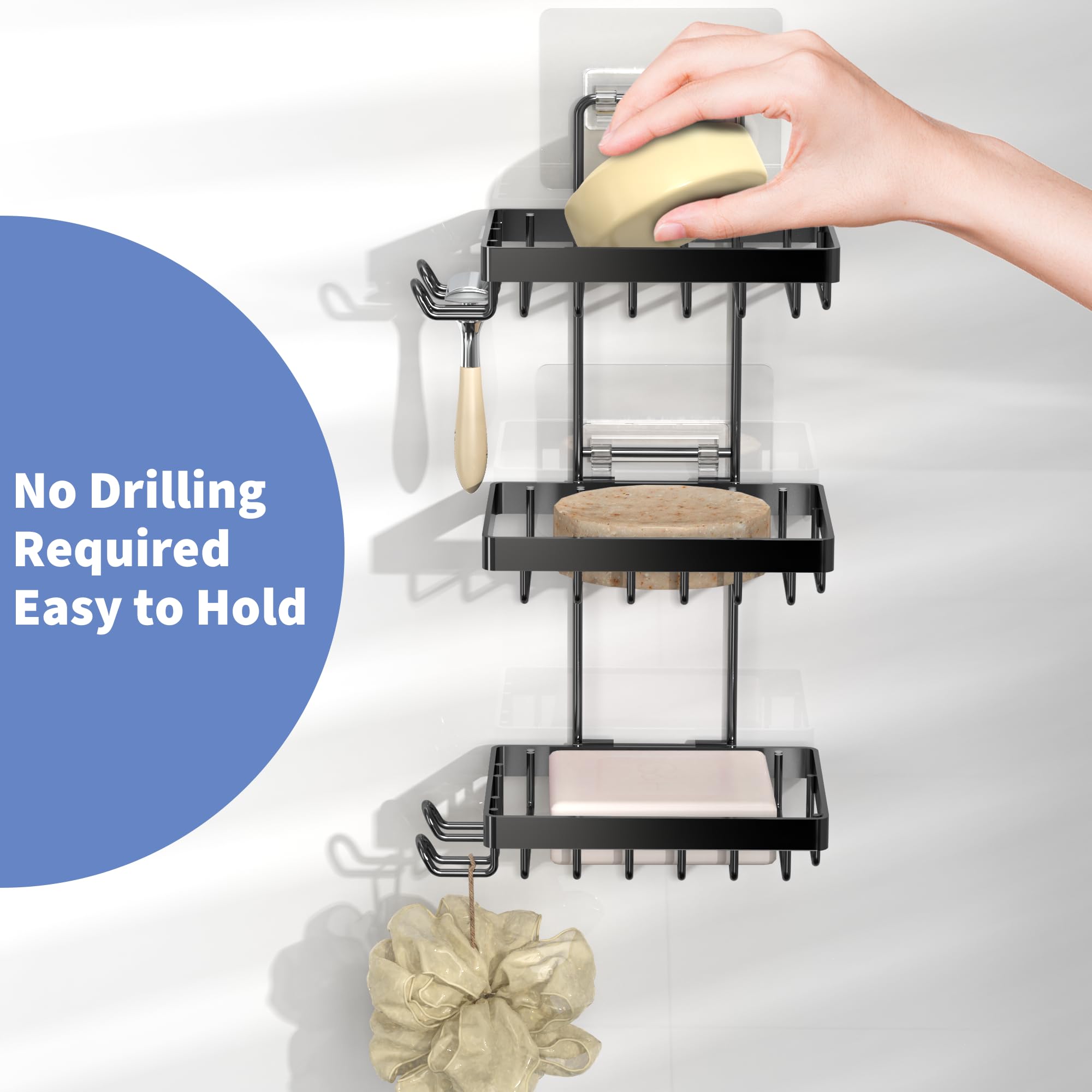 Moforoco Soap Dish Holder For Shower Wall, No Drilling, 3-Tier 304 Rustproof Stainless Steel, Soap Bar Holder With 4 Hooks And R