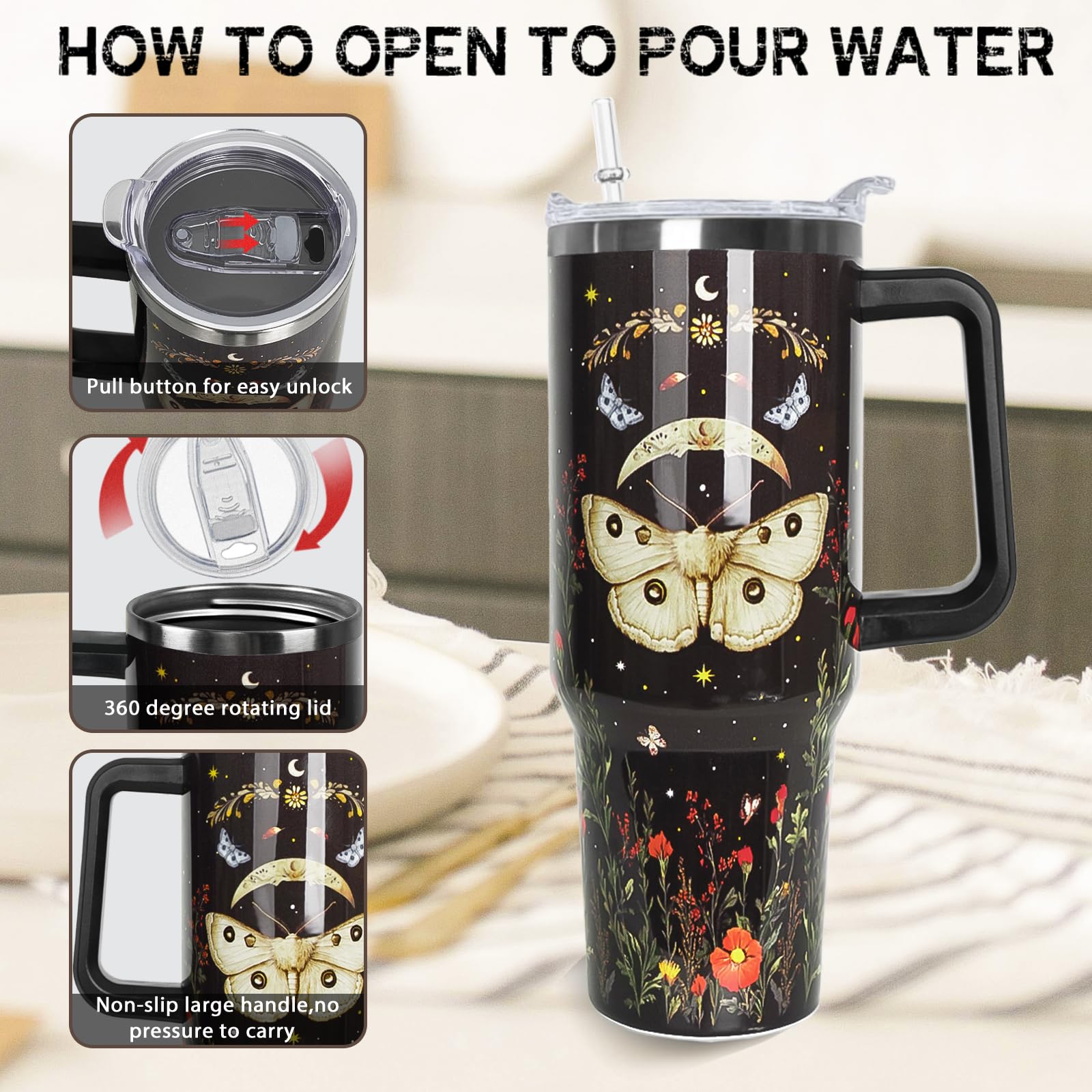 Nqhsionv Gothic Tumbler with Handle and Straw 40 oz Goth Moth Flowers Cup Coffee Travel Mug Stainless Steel Insulated Water Bott