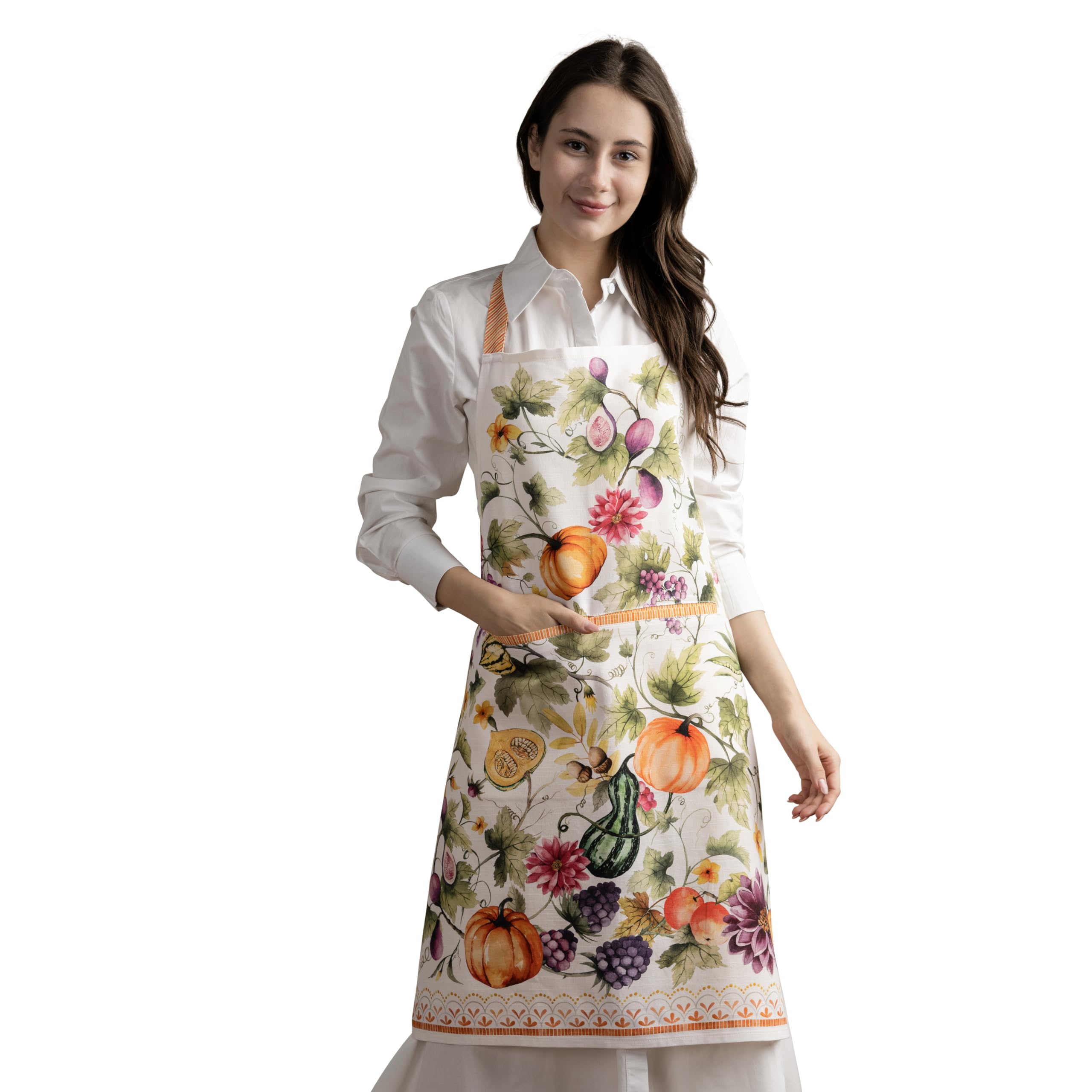 Maison d ' Hermine Apron 100% Cotton Adjustable Neck Strap Clothapron with Center Pocket for Mothers Day Gifts  Women  Men  Banquet  Pumpkin Garden - Cloudy Cream -Thanksgiving/Christmas(27.50 ''x31.50 '')