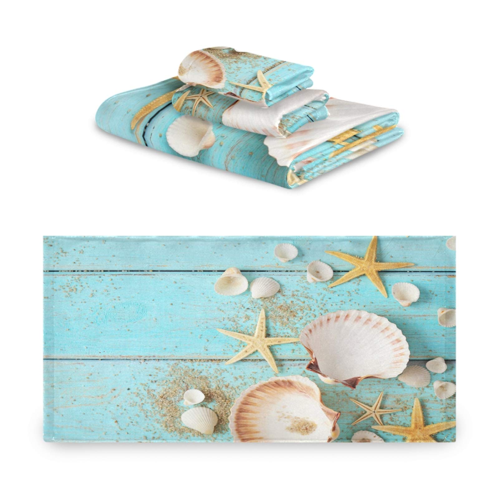 Shells Starfish On Sea Shore Bath Towel Set 3 Ultra Soft Fast Dry Summer Sea Face Towel Absorbent Bathroom Towel Set Shower Hand