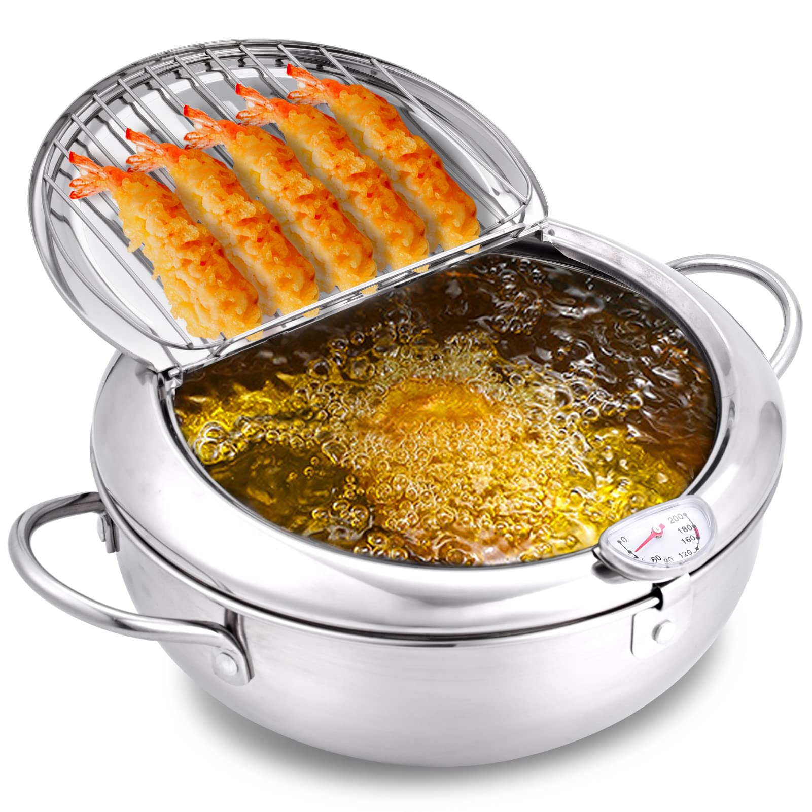cuomaop Deep Fryer Pot, 304 Stainless Steel Japanese Frying Pot with Oil Drain, Temperature Control and Lid, Tempura Deep Fryer 