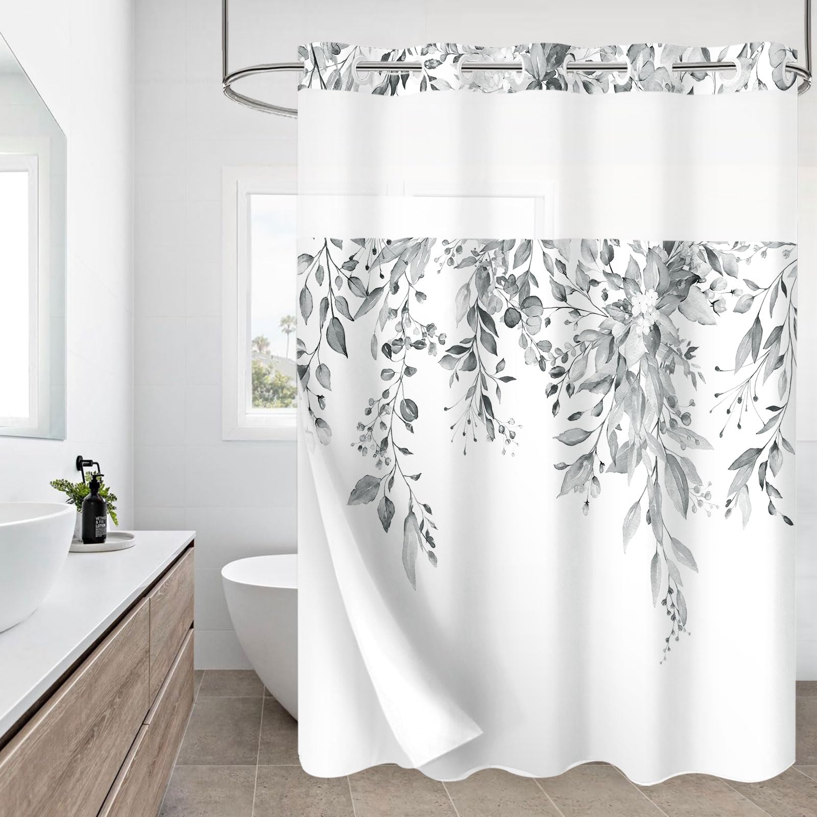 Gibelle Extra Long No Hook Shower Curtain With Snap-In Fabric Liner Set - 72'' X 86''(84''), Hotel Style Grey Eucalyptus Leaves