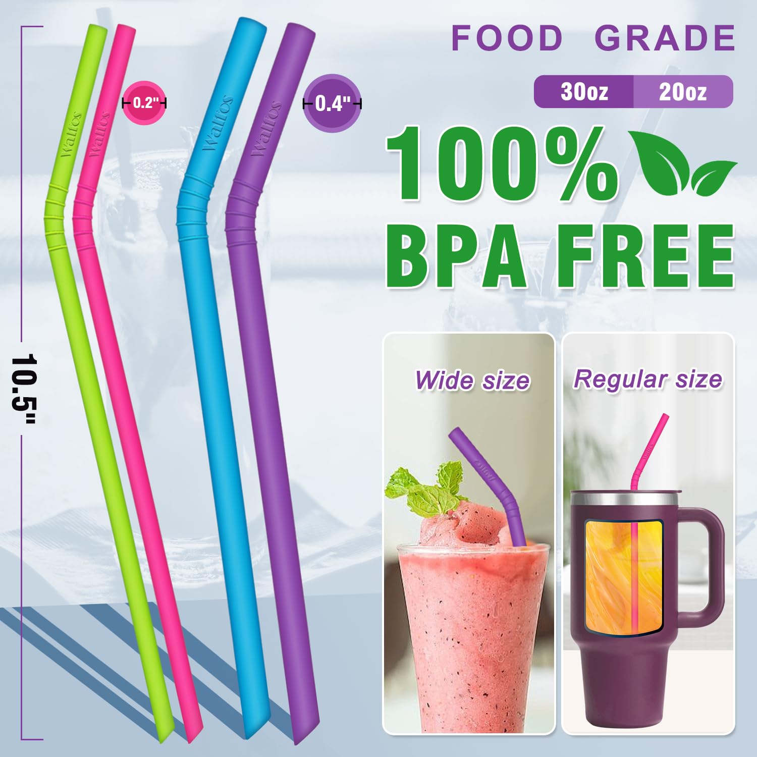 Walfos Reusable Silicone Straws - 2 Size Flexible Drinking Bendy Straws For Smoothies/20 & 30 Oz Tumblers, Bpa Free (4 Wide Stra
