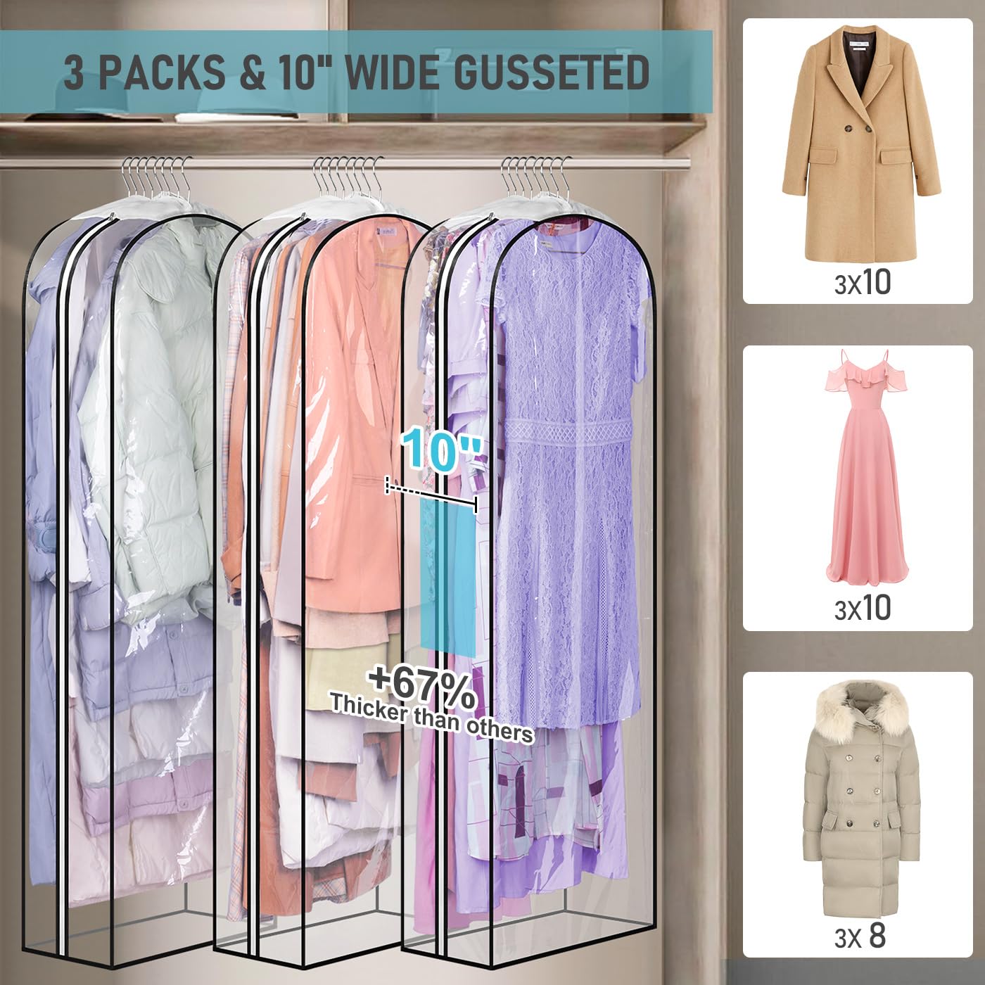 Misslo 10'' Gusseted All Clear Garment Bags For Hanging Clothes 60'' Dress Bags For Gowns Long Hanging Clothes Bag For Closet Dr