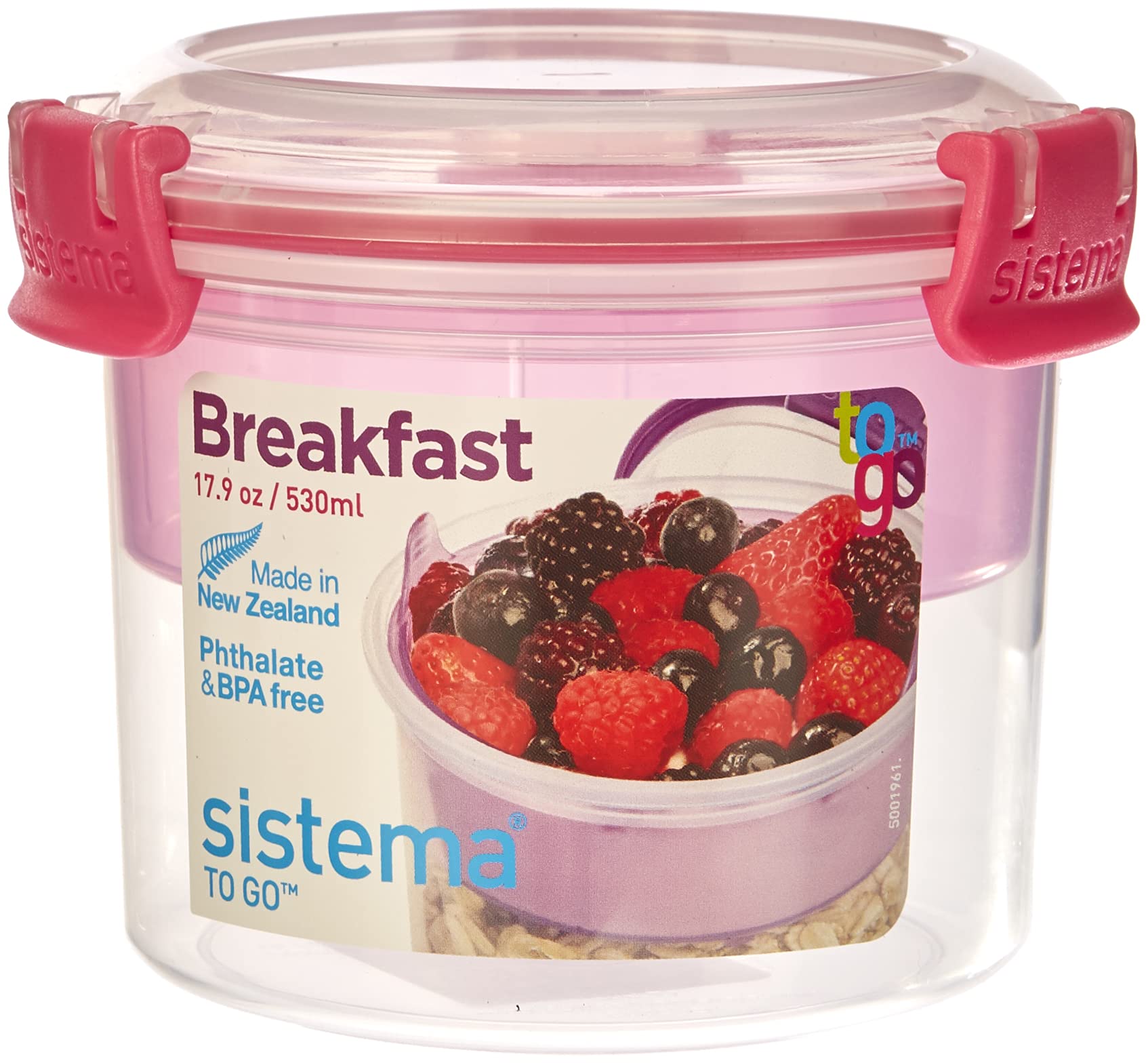 Sistema To Go Collection Breakfast Bowl Food Storage Container, 17.9 Oz./0.5 L, Clear/Pink