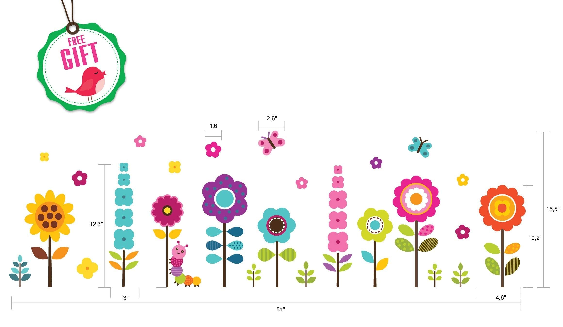 Flower Wall Stickers for Kids - Floral Garden Wall Decals for Girls Room - Removable Toddlers Bedroom Vinyl Nursery Wall D?cor [27 Art clings] with Free Bird Gift!