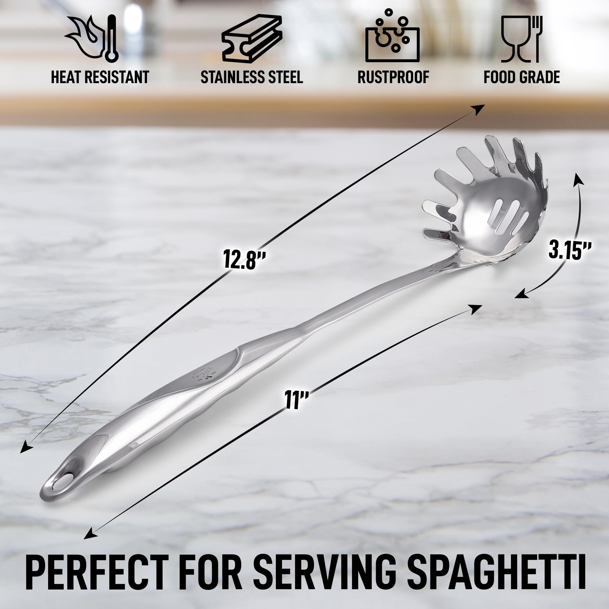 Zulay Kitchen Premium Stainless Steel Spaghetti Spoon - Pasta Spoon With Teeth - Metal Pasta Spoon - Pasta Fork Noodle Spoon - E