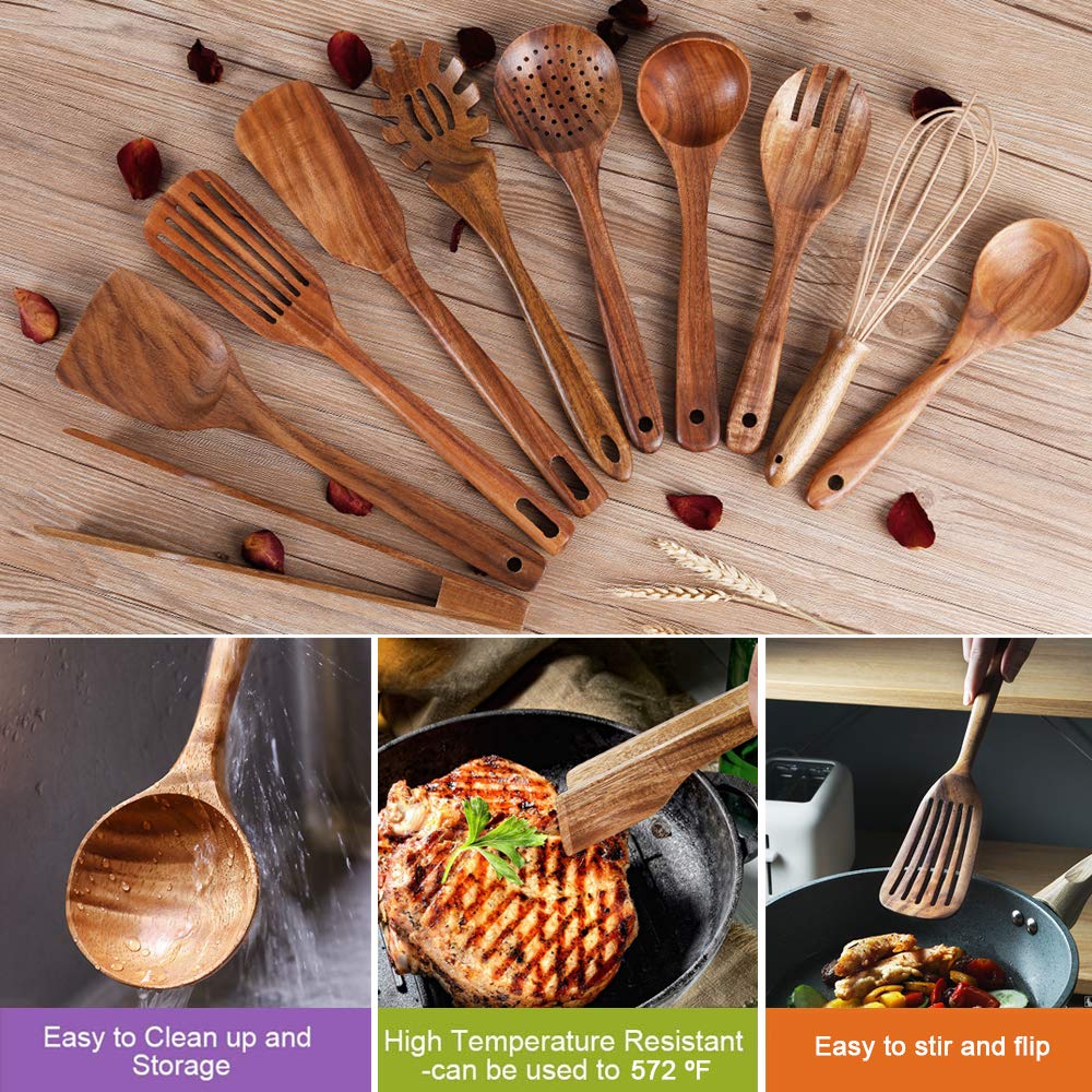 Kitchen Utenails Set With Holder,Kitchen Wooden Utensils For Cooking, Wood Utensil Natural Teak Wood Spoons For Cooking,Wooden K