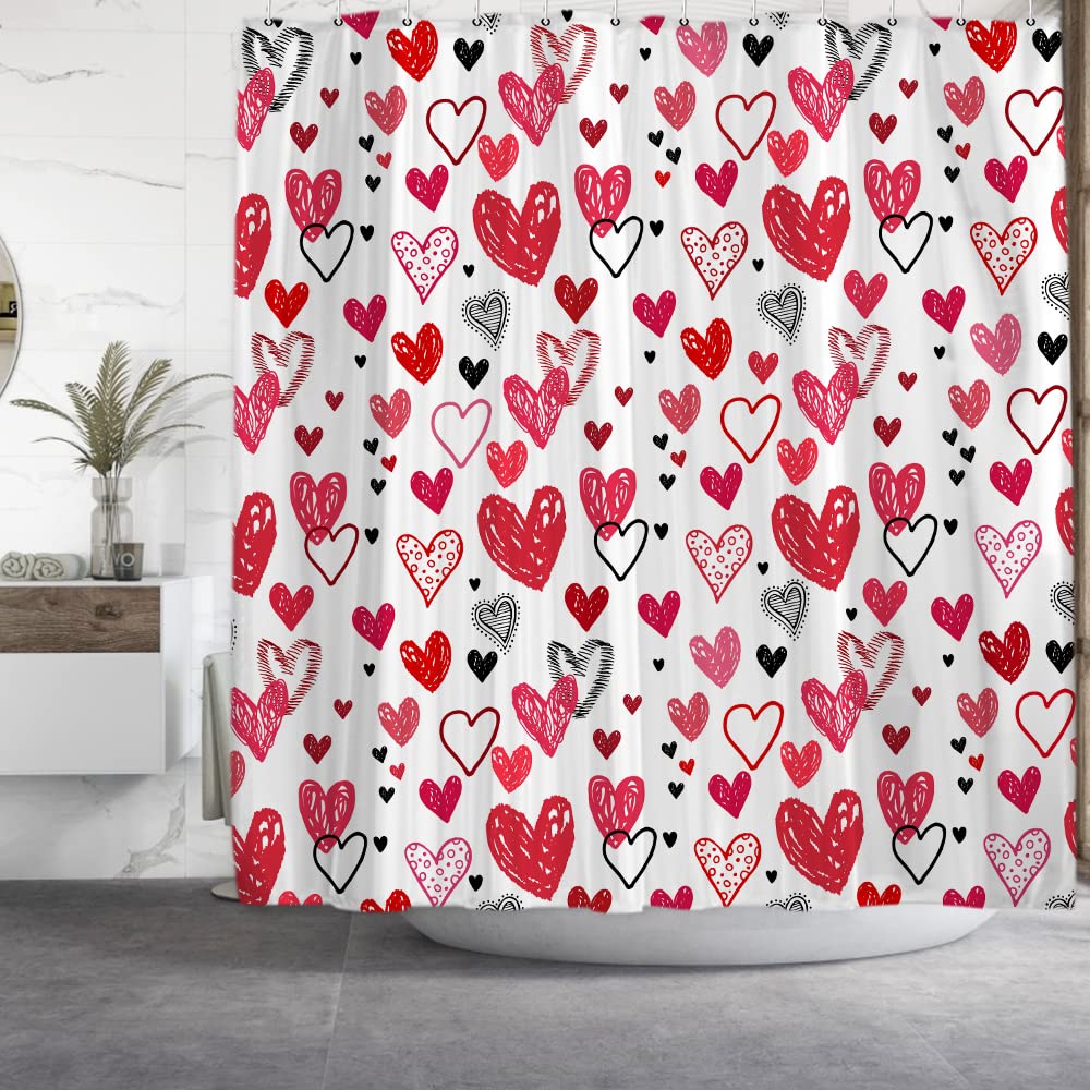 Onecmore Valentine'S Day Doodle Style Hearts Mother'S Day Shower Curtain For Bathroom Decor Romantic Red Pink Black Printed Draw