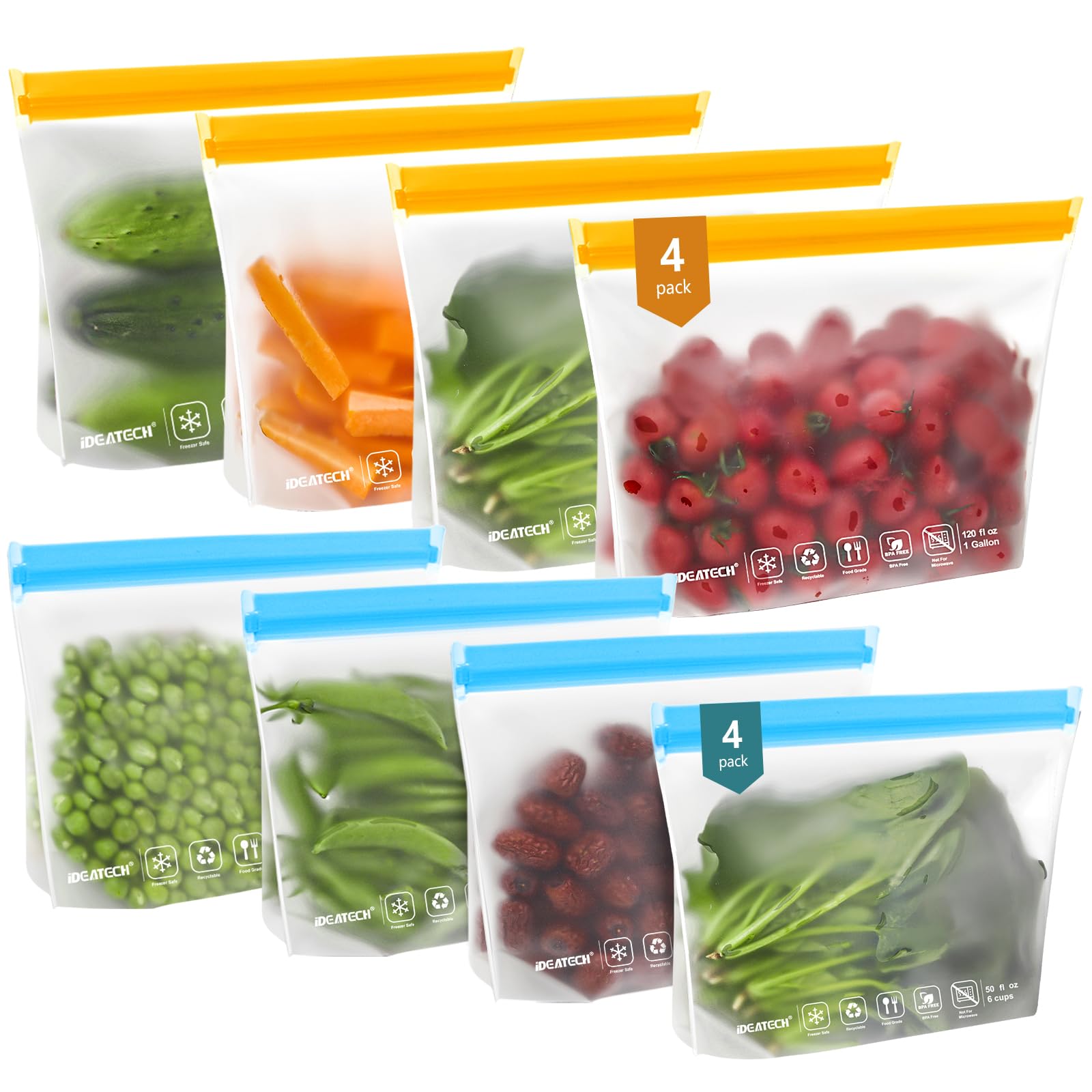 IDEATECH 8Pack Gallon Bags Dishwasher Safe, Leakproof Reusable Gallon Freezer Bags, BPA Free Reusable Gallon Bags, Food Storage 