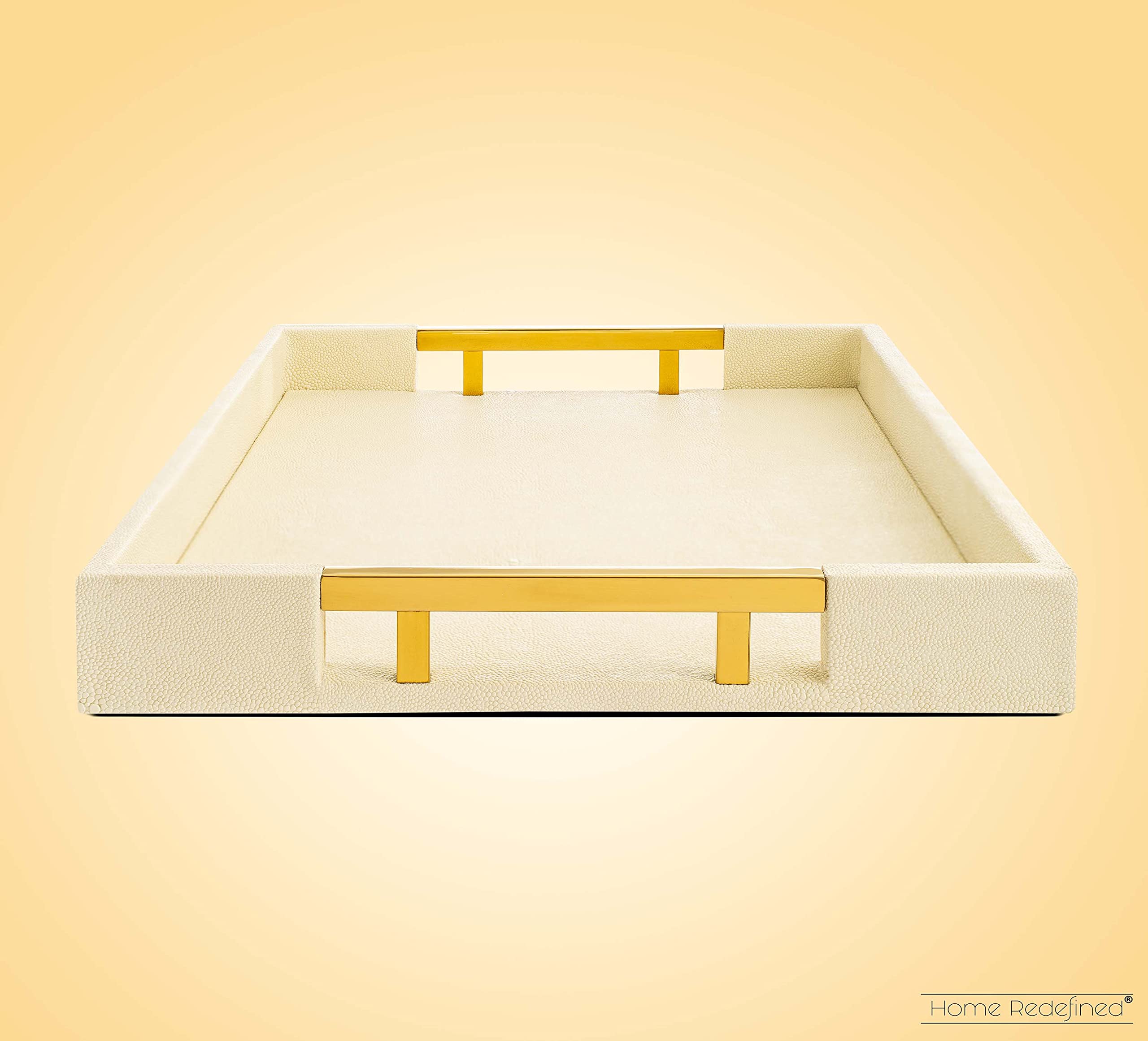 Modern Elegant 18''X12'' Rectangle Cream Glossy Shagreen Decorative Ottoman Coffee Table Perfume Living Room Kitchen Serving Tra