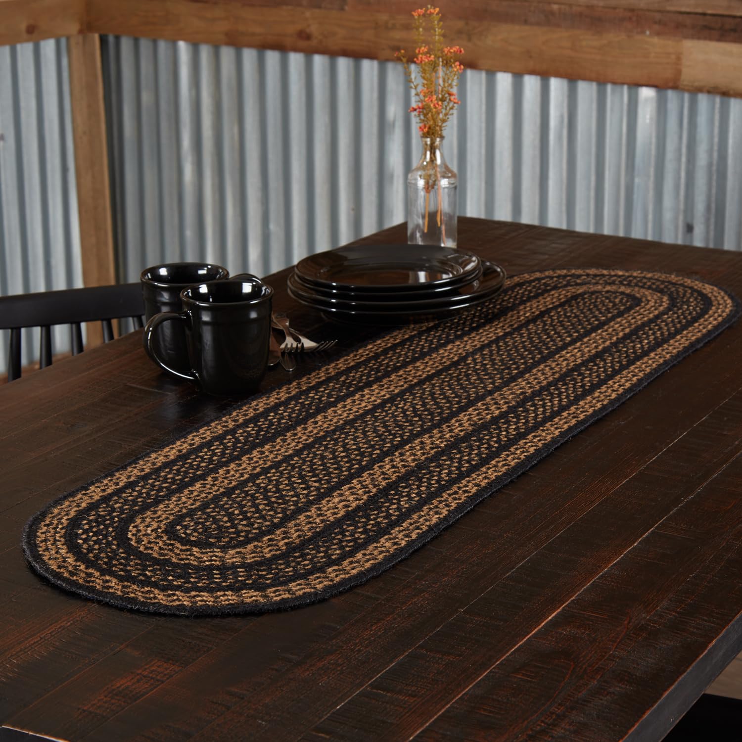 Vhc Brands Farmhouse Primitive Jute Black Striped Oval Table Runner Decor 13''X48''