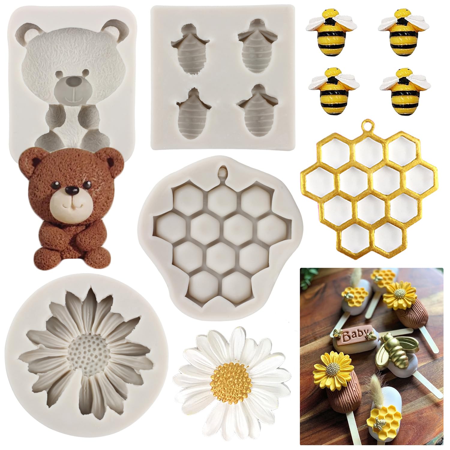 Mypracs Bumble Bee Silicone Mold Honeycomb Fondant Molds Bear Fondant Mold Chrysanthemum Flower Chocolate Mold For Sugar Cake De