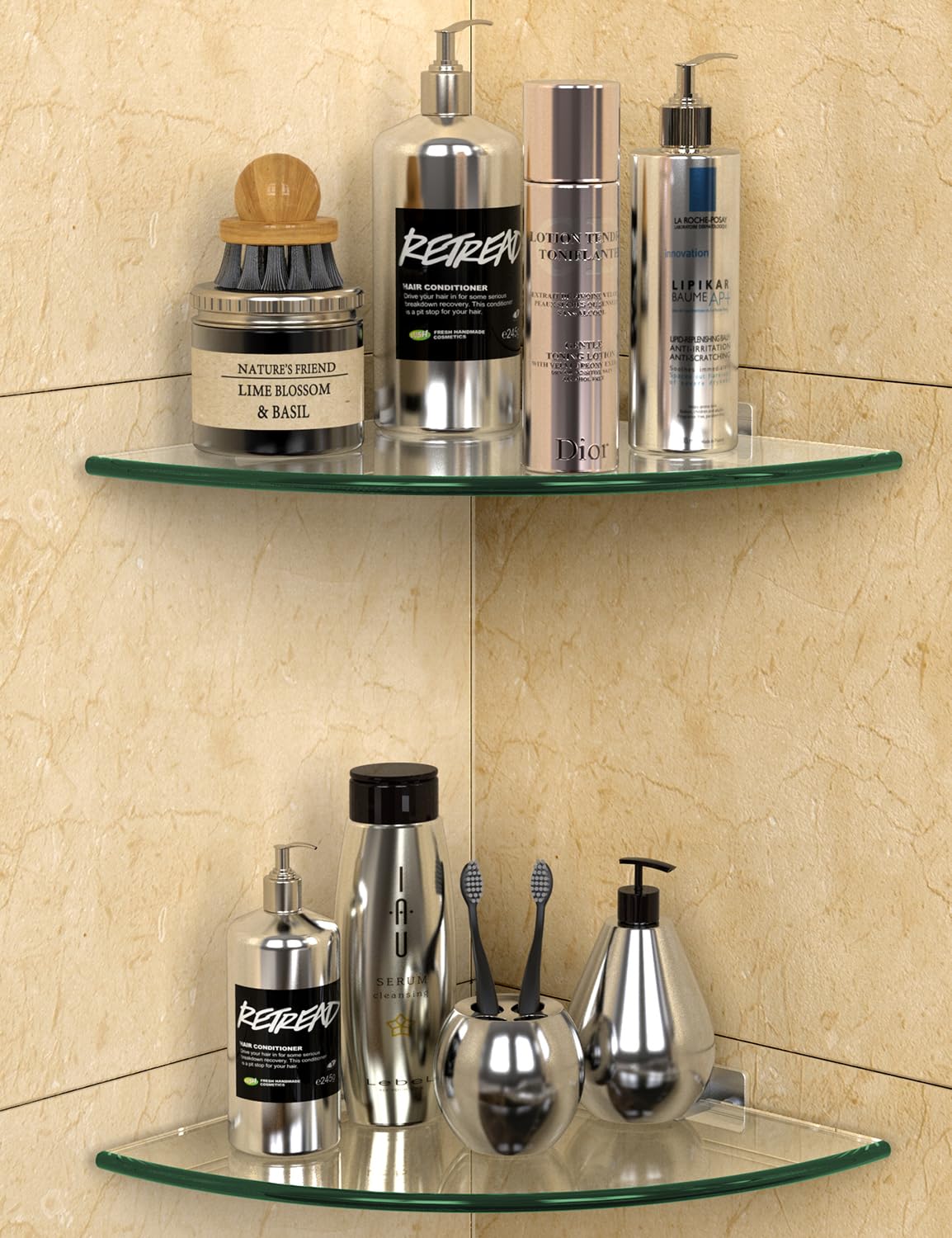 Bakzon 2-Pack Glass Corner Shower Shelves, Shower Wall Shelves for Inside Shower, Drill Free Shower Caddy Organizer with Aluminu