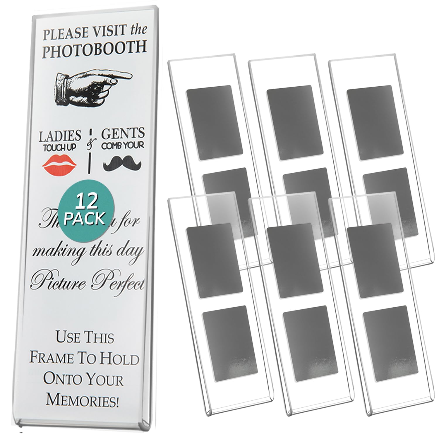 Photo Booth Frames - 2x6 Inch Clear Acrylic Magnetic Picture Frame for Refrigerator, Office Cabinet, Locker, or Dishwasher - 12 