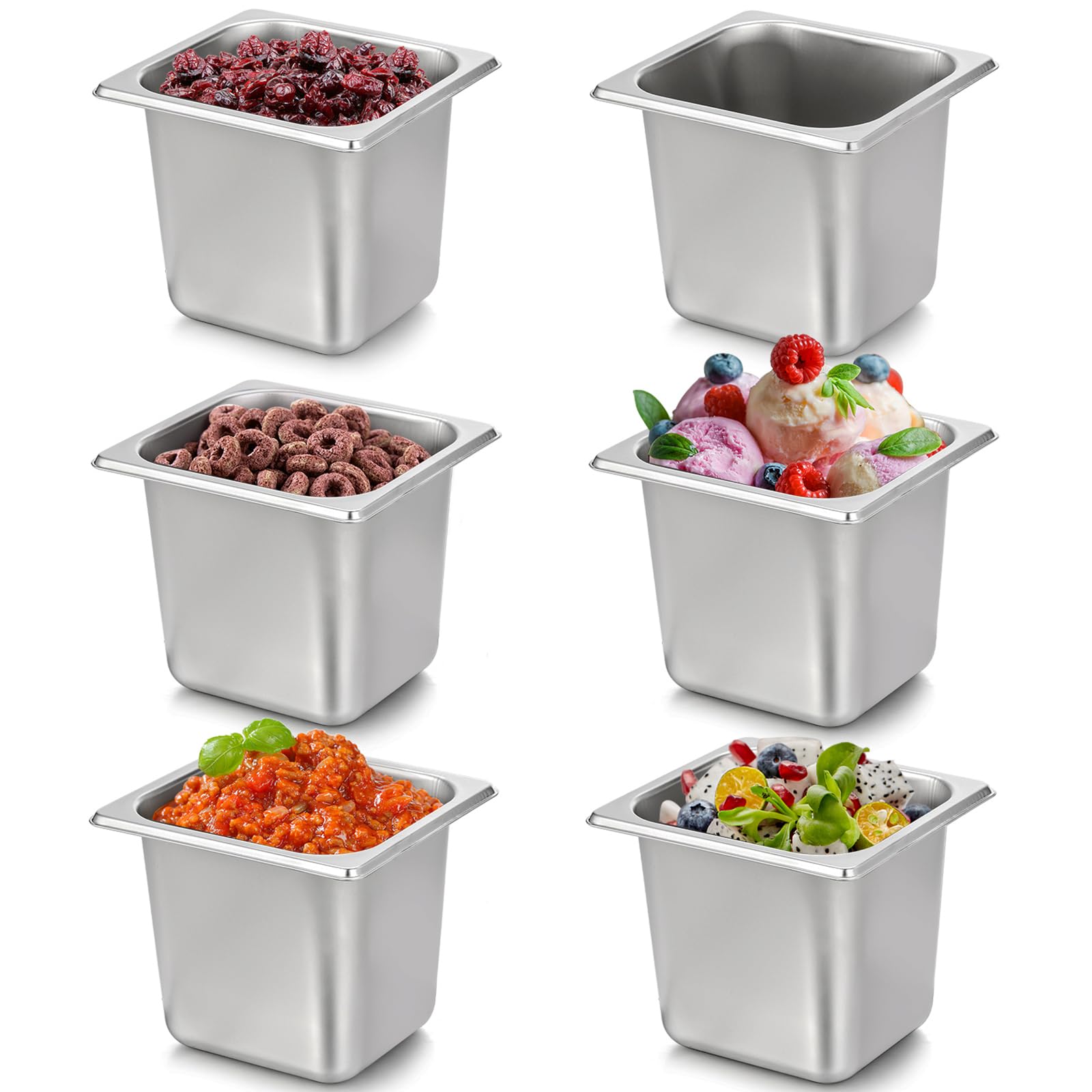 TOPZEA 6 Pack Hotel Pans, 1/6 Size 6'' Deep Stainless Steel Steam Table Pan Food Catering Pan Breading Batter Bowls, Dinner Buff