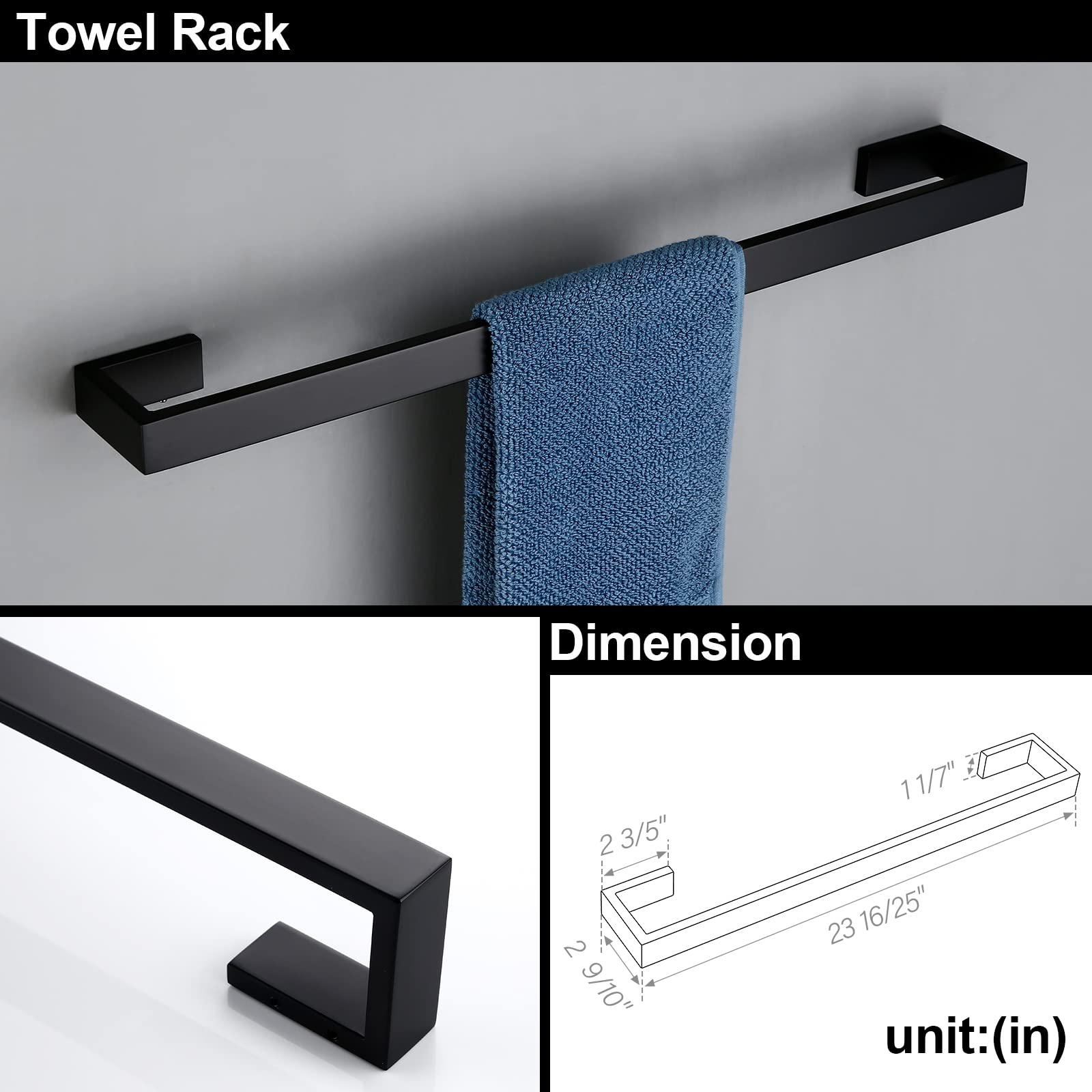 BAGNOLUX Towel Bar  24 Inch Towel Racks for Bathroom Wall Mounted  Heavy Duty Hand Towel Holder Organizer  Modern Home Decor Towel Rod  Matte Black Towel Bars