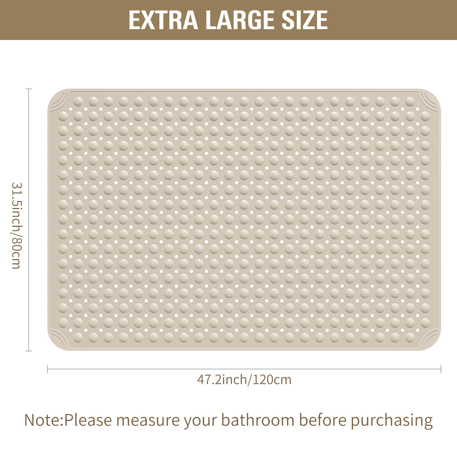 Yolife Extra Large Tpe Shower Mat, 47.2'' L X 31.5'' W Anti Slip Bath Mat With Drain Holes And Suction Cups, Large Size Mat More