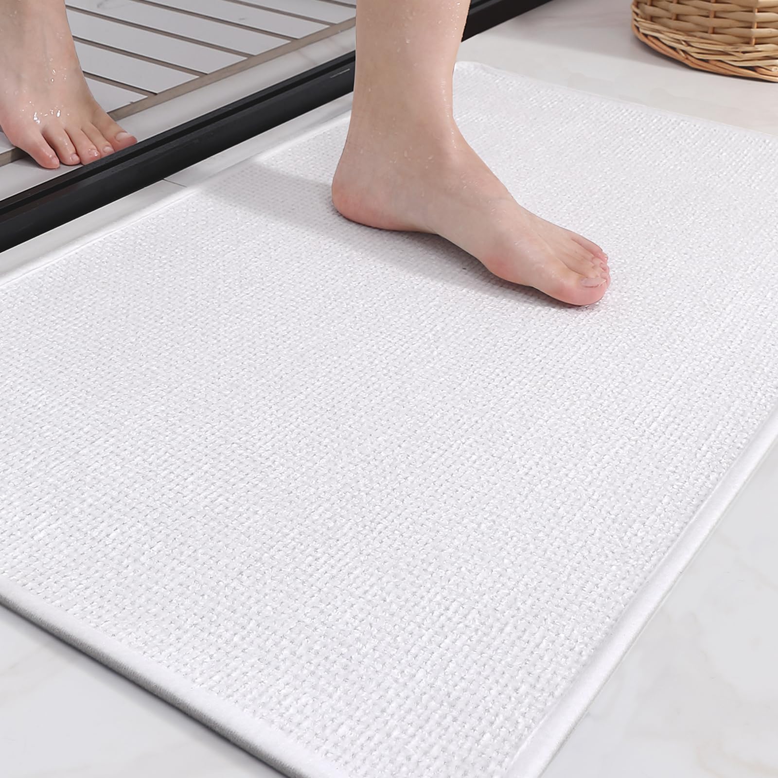 Color&Geometry White Bathroom Rugs Chenille Bath Mat- Absorbent, Non Slip, Quick Dry, Thin, Washable- 16''X24'' Bath Mats For Ba