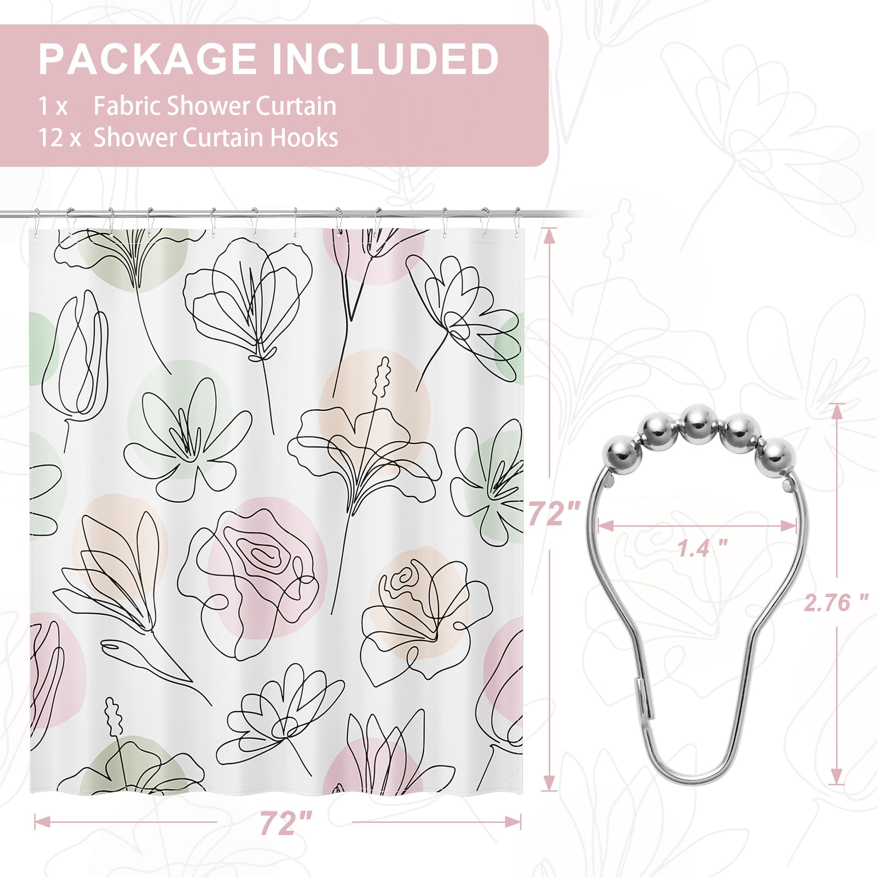 Amazerbath Floral Shower Curtain, 72''X72'' Washable Cloth Spring Black Ink Blooms Shower Curtain With 12 Metal Hooks, Farmhouse