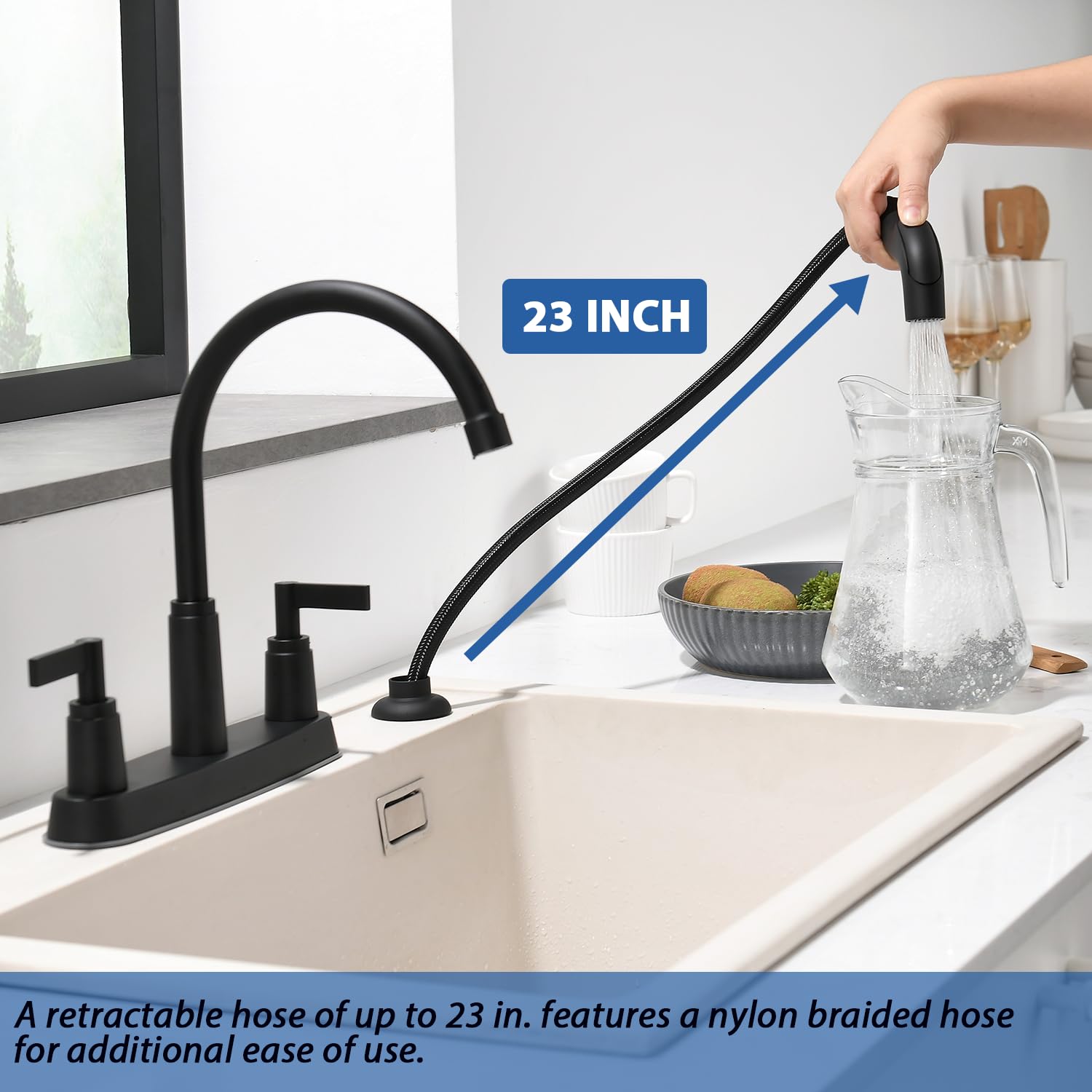 Black Kitchen Sink Faucet,Matte Black Kitchen Faucet With Sprayer,3 0R 4 Hole Kitchen Faucets For Rv Laundry Utility Kitchen Fau