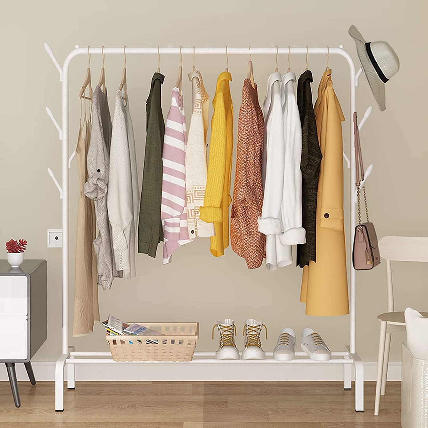 Lukzer Metal Single Garment Stand With Bottom Shelves Clothes Storage Organizer 4 Hooks Coat Rack (White, 40 X 110 X 148 Cm/Mgs-