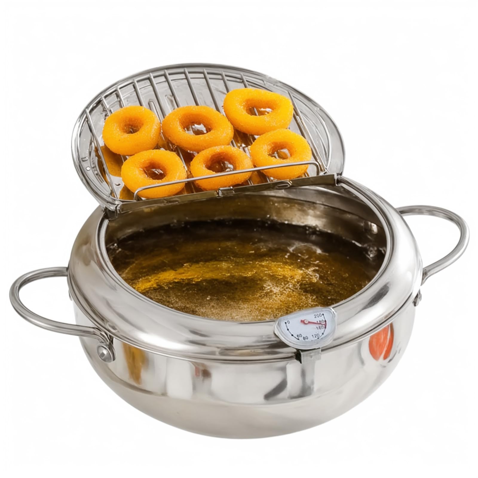 BEIYUANYA Deep Fryer Pot with Thermometer, 304 Stainless Steel Tempura Fryer with Oil Drain Rack, 4.2L Large Capacity Japanese D