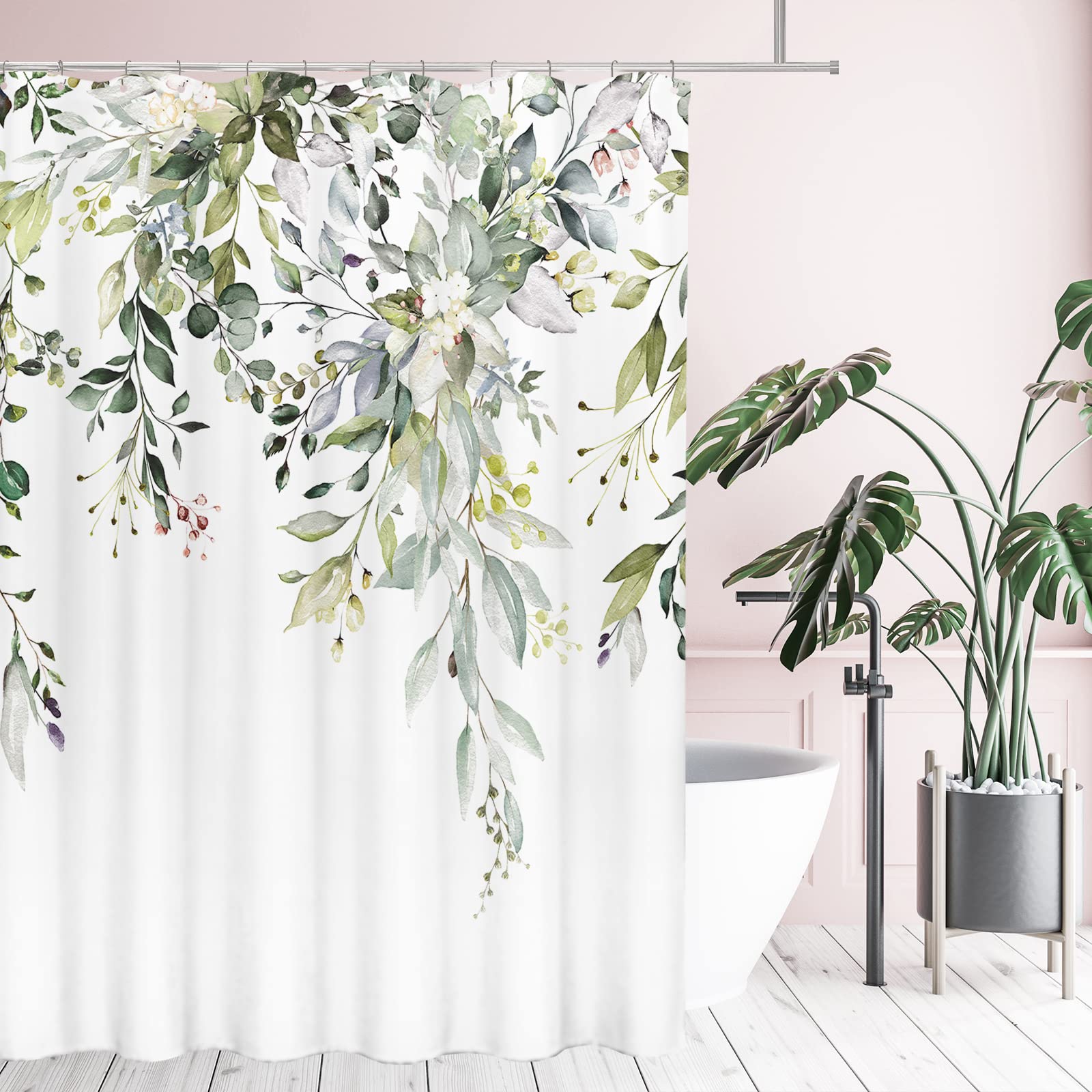 Tititex Green Eucalyptus Shower Curtain Sets  Watercolor Leaves on The Top Plant with Floral Bathroom Decoration 60x72 Inch with Hooks