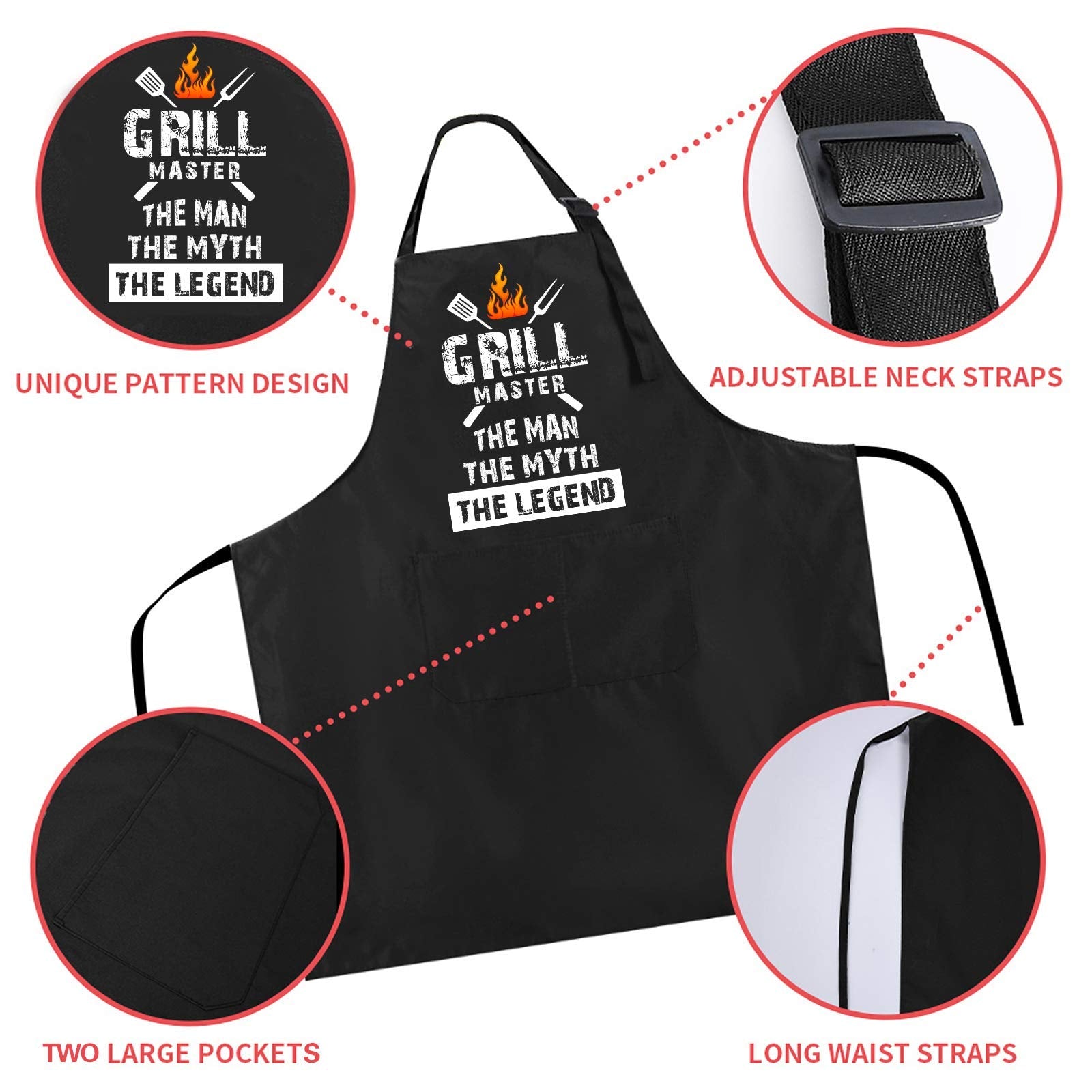 Rosoz Funny Bbq Black Chef Aprons For Men, Grill Master, Adjustable Kitchen Cooking Aprons With Pocket Waterproof Oil Proof Fath