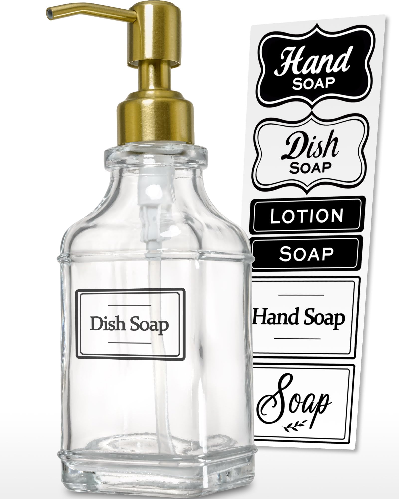 Jasai Antique Square Glass Soap Dispenser With Golden Rust Proof Pump, Refillable Soap Dispenser With 10Pcs Stickers For Kitchen