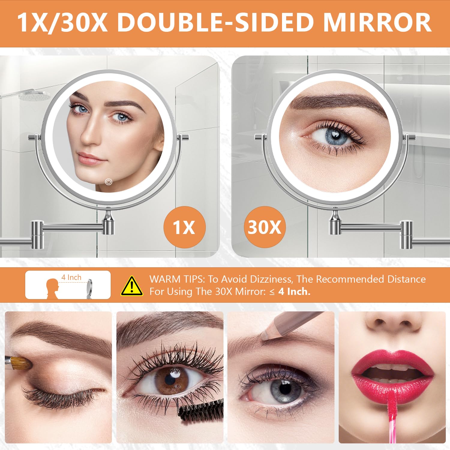 Auxmir 1X/30X Wall Mounted Makeup Mirror With Light, 8 Rechargeable Double-Sided Magnifying Mirror, Vanity Mirror Dimmable 3 Col