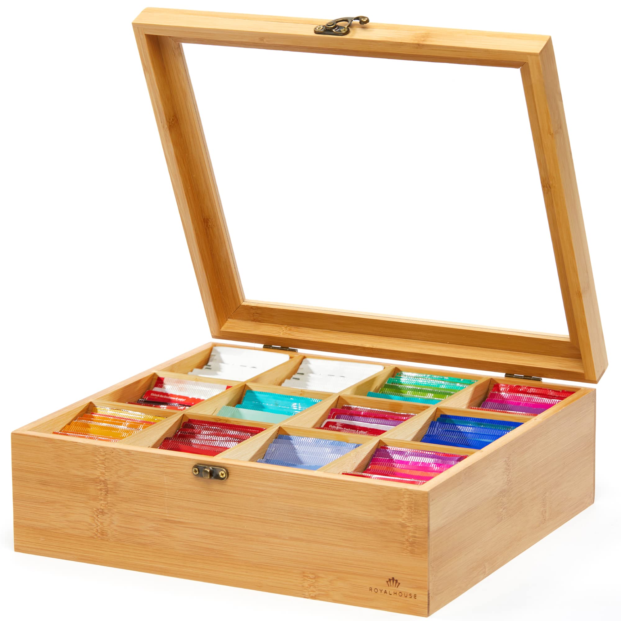 Royalhouse Big Natural Bamboo Tea Storage Organizer With Clear Acrylic Top Window, 12 Compartments Eco-Friendly Tea Bag Holder,