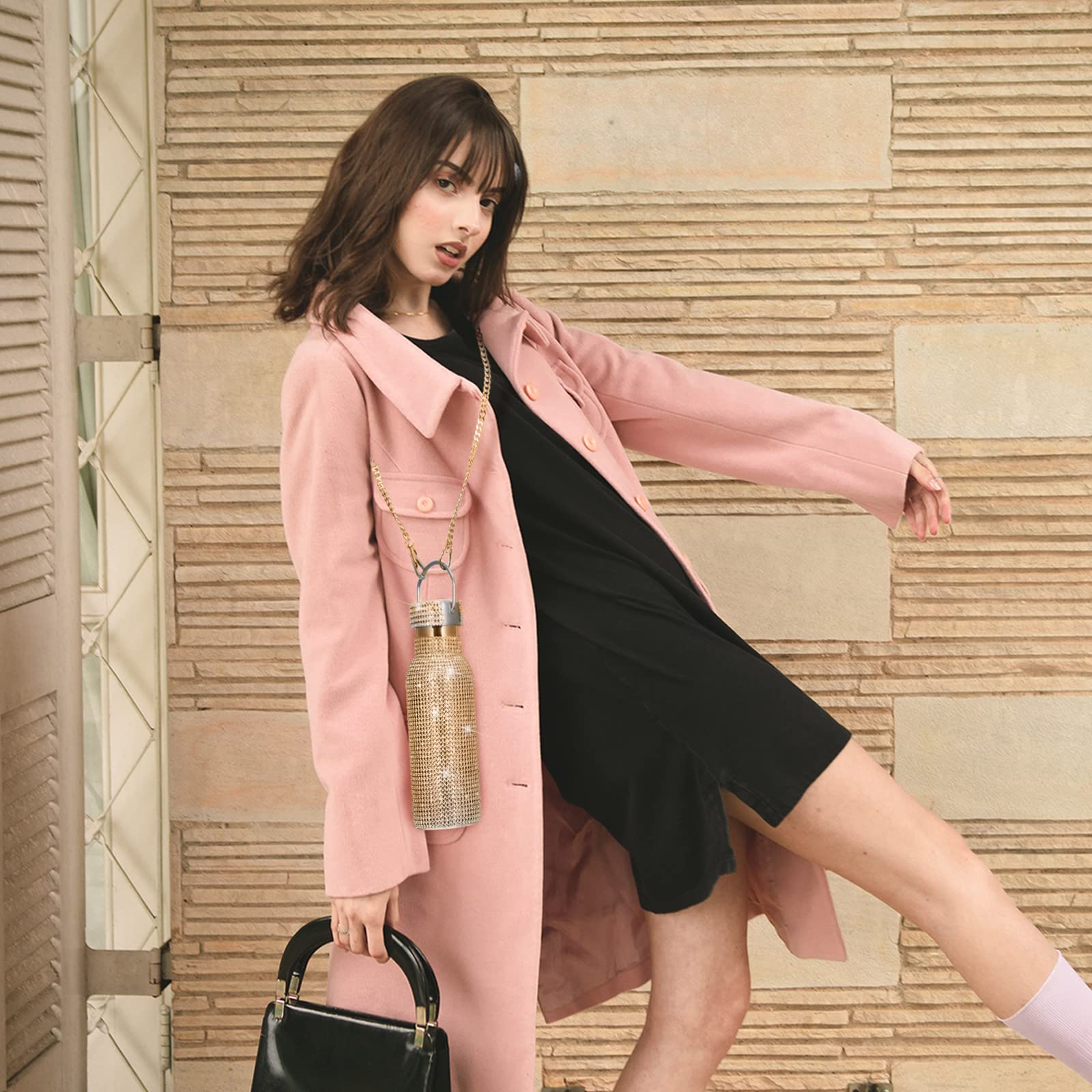 Diamond Water Bottle Bling Rhinestone Stainless Steel Thermal Refillable Insulated Glitter With Chain For Women Girls Gifts (Gol