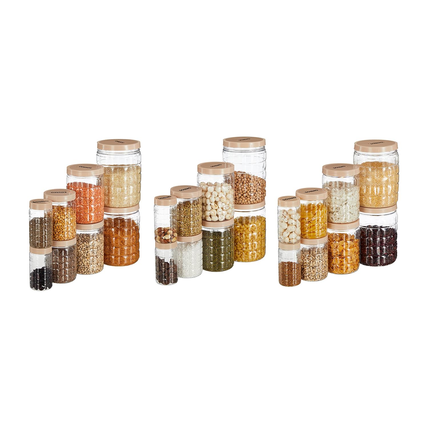 Amazon Brand  Solimo Checkered Jar Container Set Of 24, 2000Ml, 1000Ml, 500Ml, 250Ml, Transparent, Choco