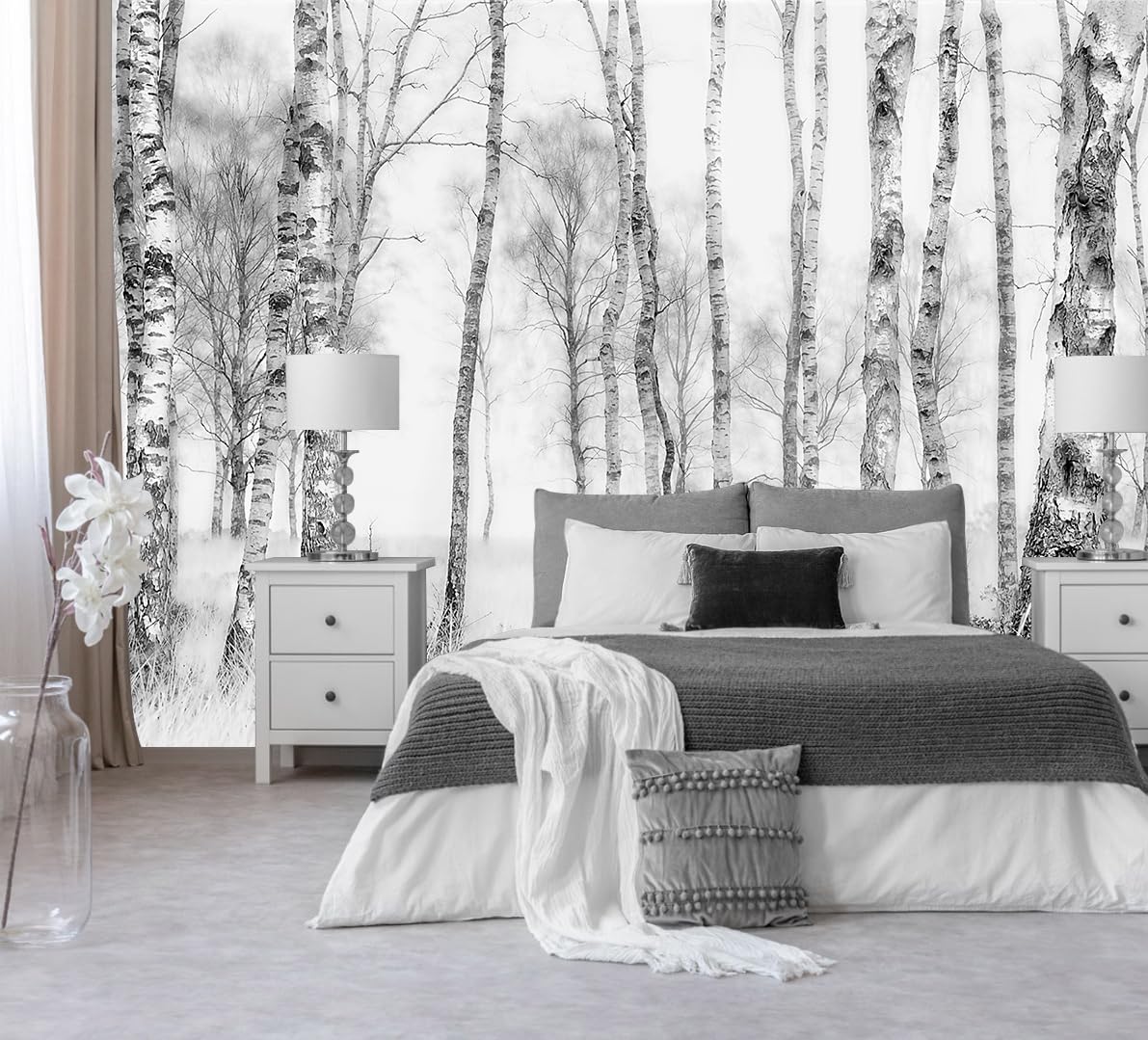 TUNDJ - Gray Forest Wall Mural Peel and Stick Birch Tree Wallpaper for Living Room and Bedroom 157x108