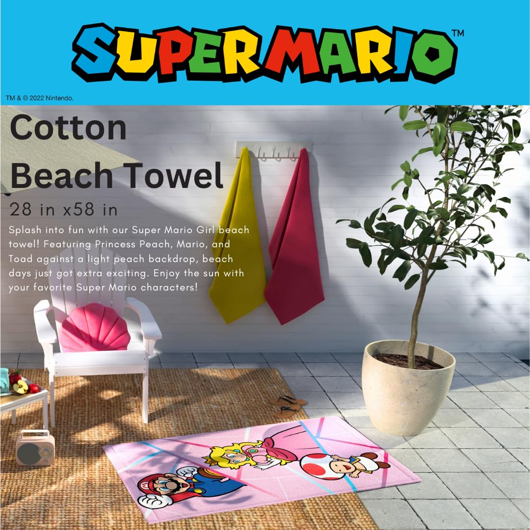 Franco Super Mario Girl Princess Peach Kids Super Soft Cotton Bath/Pool/Beach Towel, 58 In X 28 In, (Officially Licensed Product