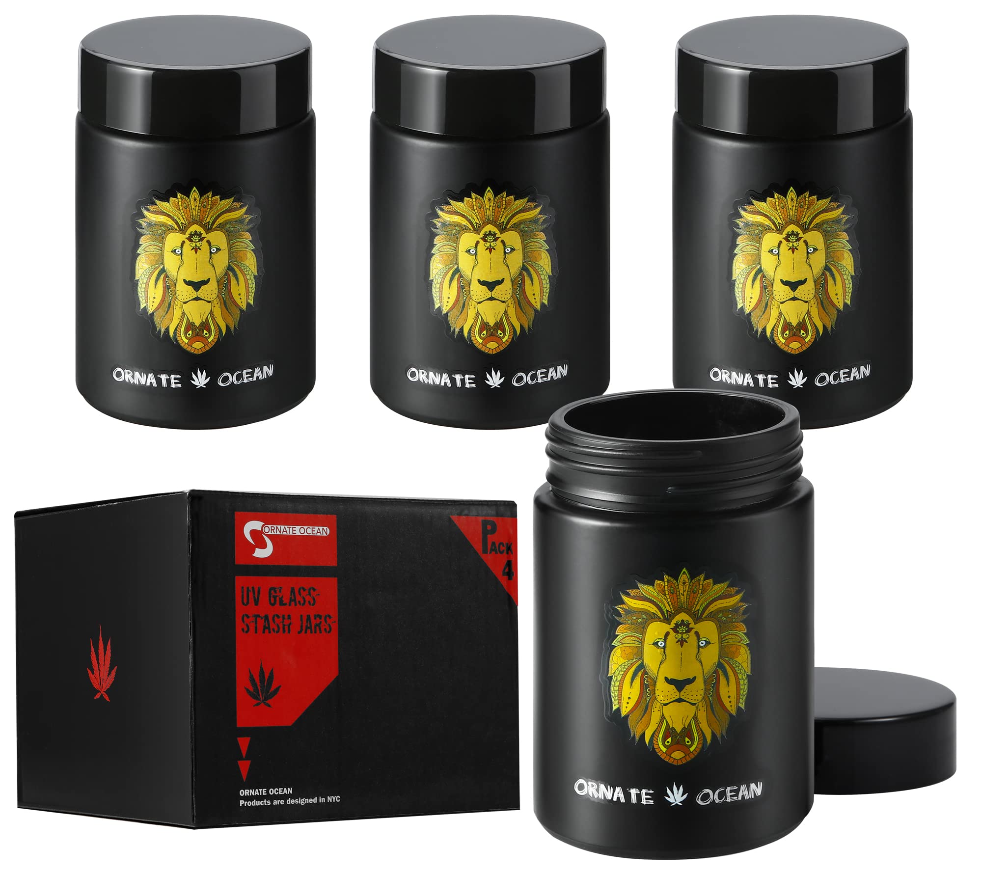 Ornate Ocean 4-Pack 250Ml Uv Glass Stash Jars Lion King - 4 Piece Set Multipurpose Storage Containers - Convenient Airtight Smel