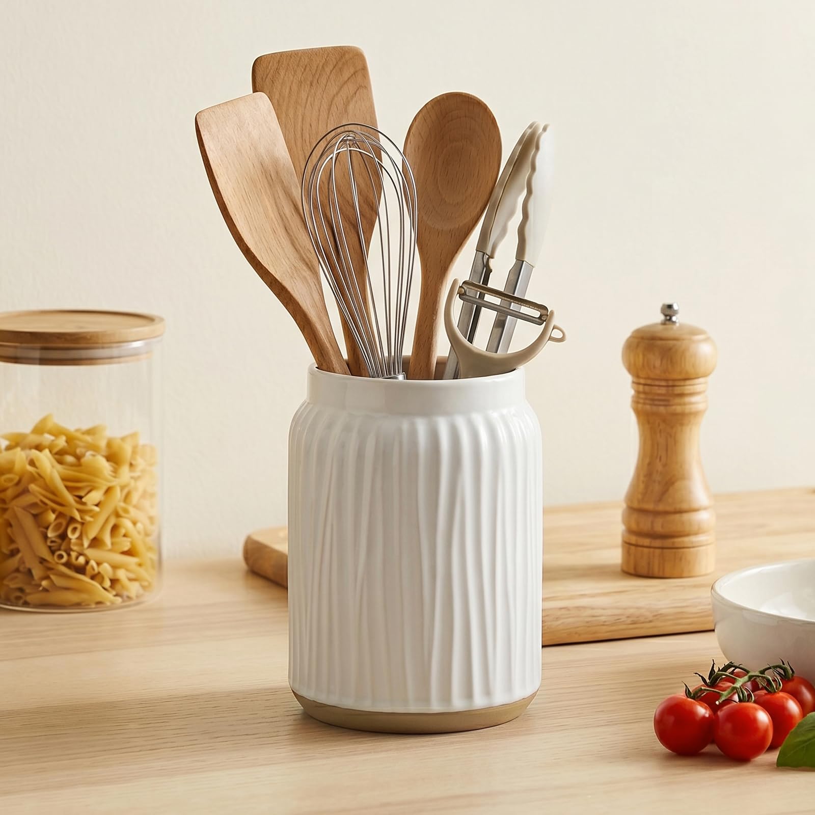 MyGift White Ceramic Utensil Holder, Embossed Stripe Kitchen Crock