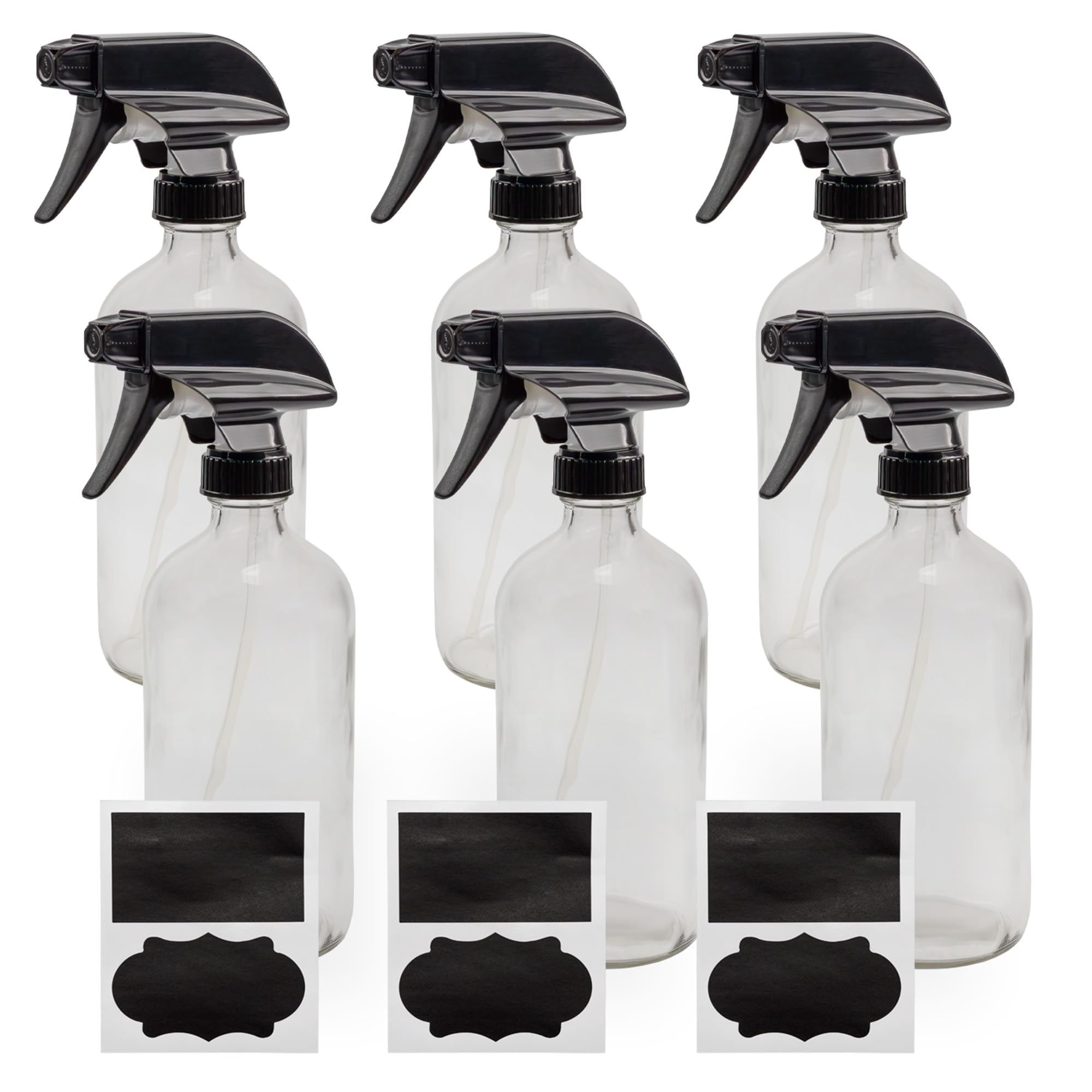 Cornucopia 16Oz Clear Glass Spray Bottles (6-Pack); 3-Setting Sprayer Tops And Chalk Labels
