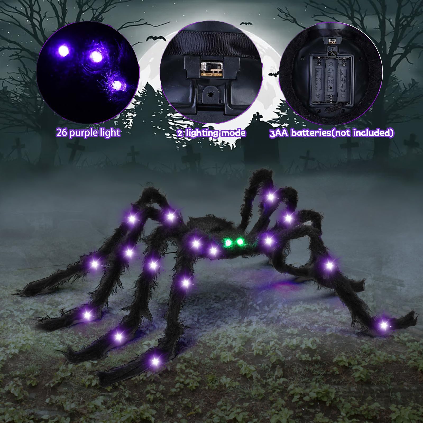 VOMAOK Halloween Spider Decorations 4ft Light Up Giant Spider(2 Pack) with Green Lighted Eyes for Indoor Outdoor Halloween Decor