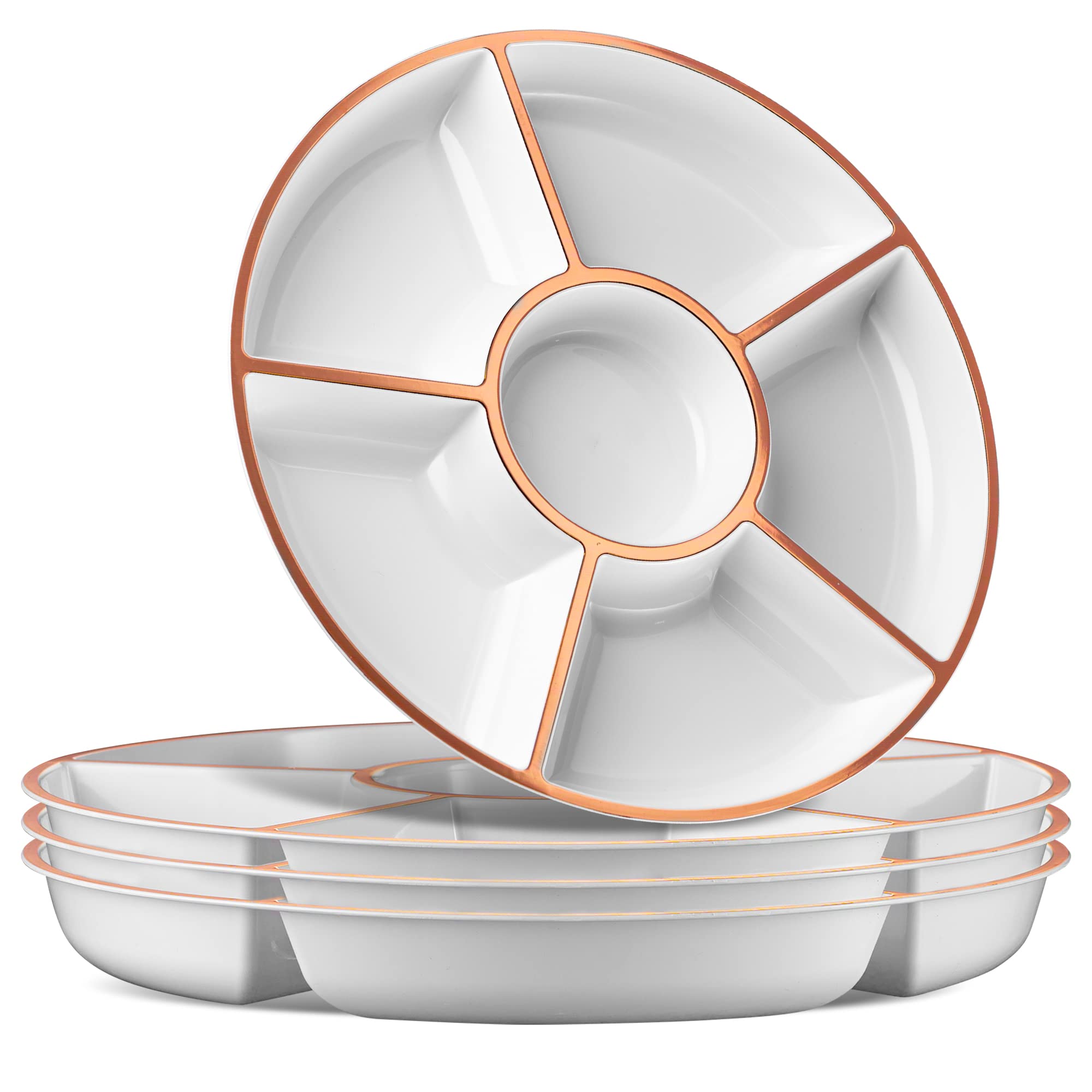 Plasticpro 6 Sectional Round Plastic Serving Trayplatter (2, White & Rose Gold)