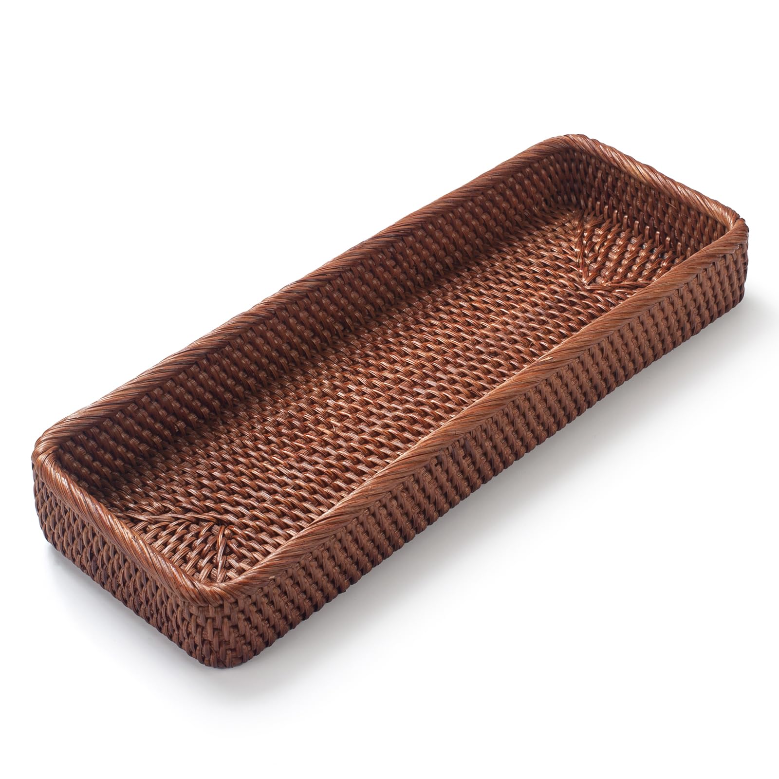 Rattan Bathroom Vanity Trays Toilet Tank Baskets Long Narrow Hand Towel Storage Basket For Storage, Decorative (Honey Brown 16.3