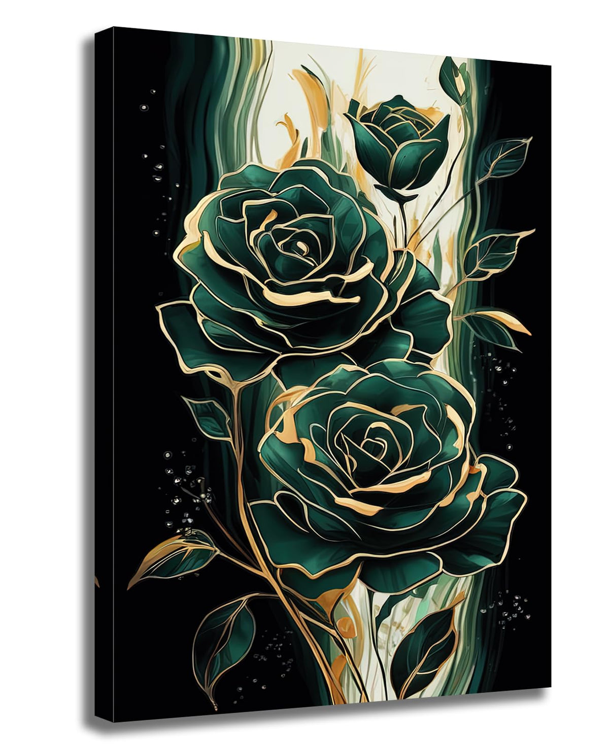 Emerald Green Flower Wall Art Gold Emerald Rose Wall Decor Modern Floral Canvas Print Painting Picture Artwork For Bedroom Bathr