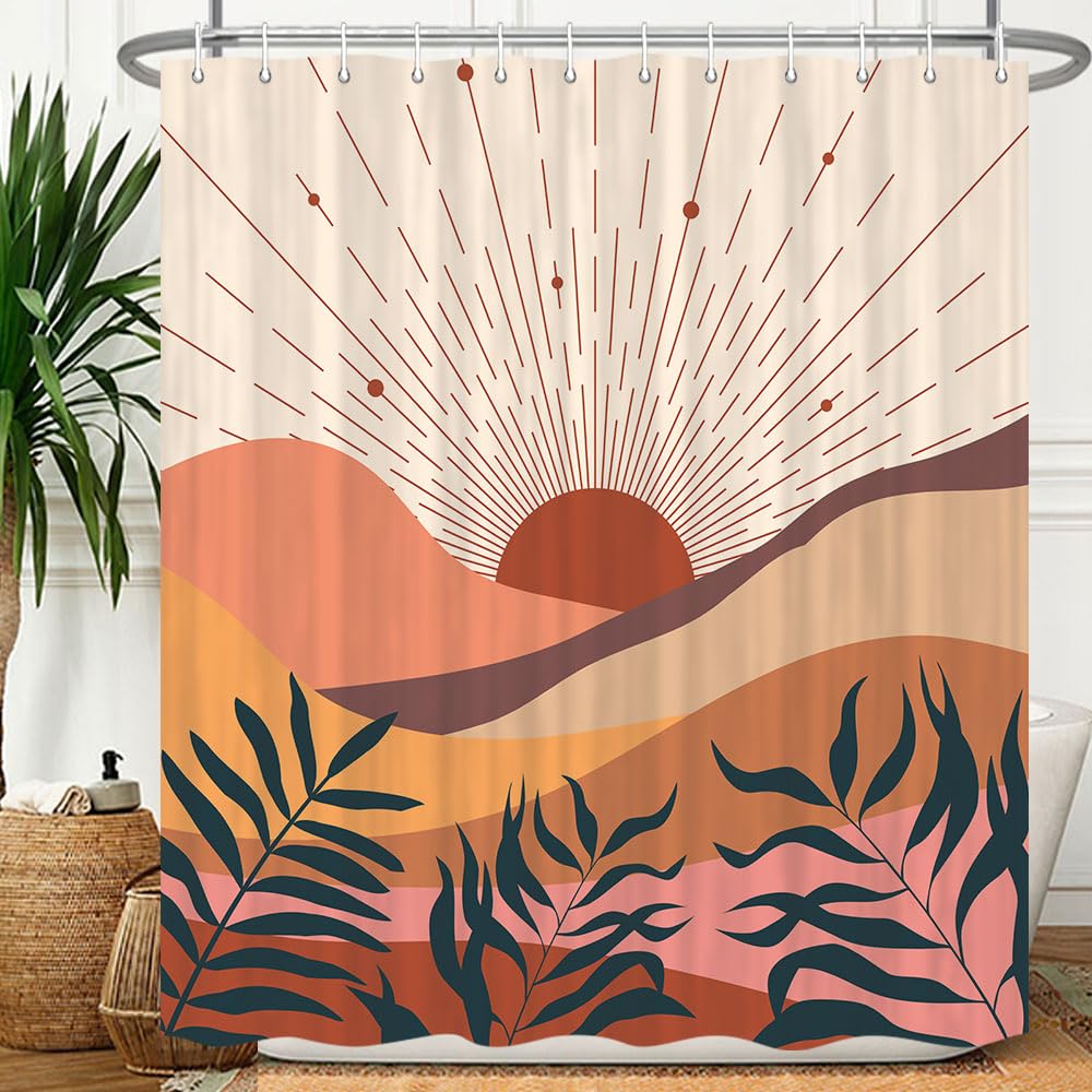 Viajar Boho Mid Century Shower Curtain, Minimalist Abstract Arch Shower Curtain Simple Sun Modern Shower Curtain Machine Washabl