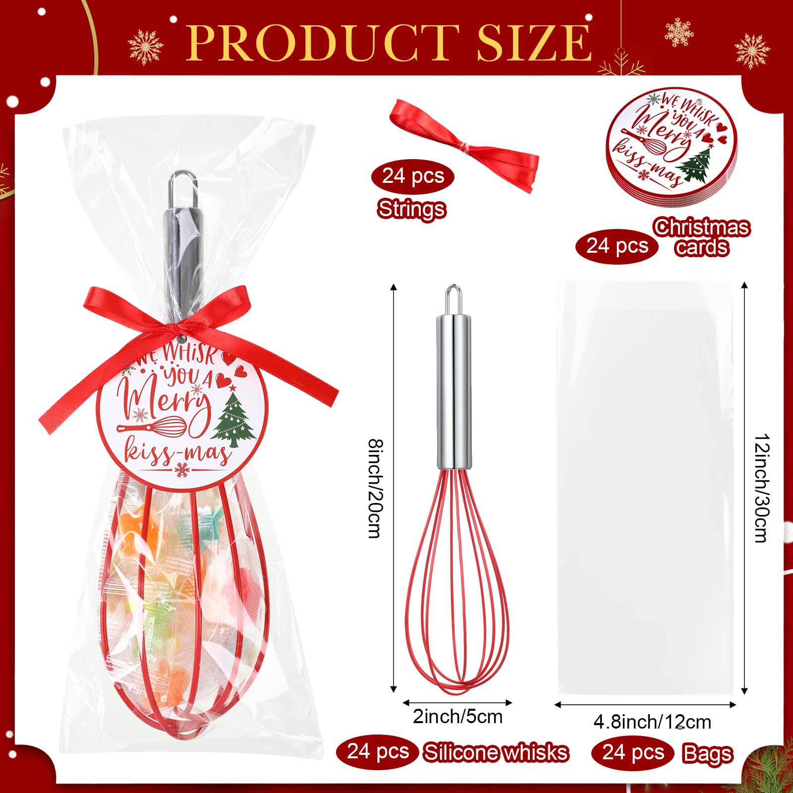 FoldTier 24 Sets 8 Inch Christmas Whisks Gifts DIY Fillable Christmas Tree Ornaments Xmas Colored Silicone Whisks for Cooking He