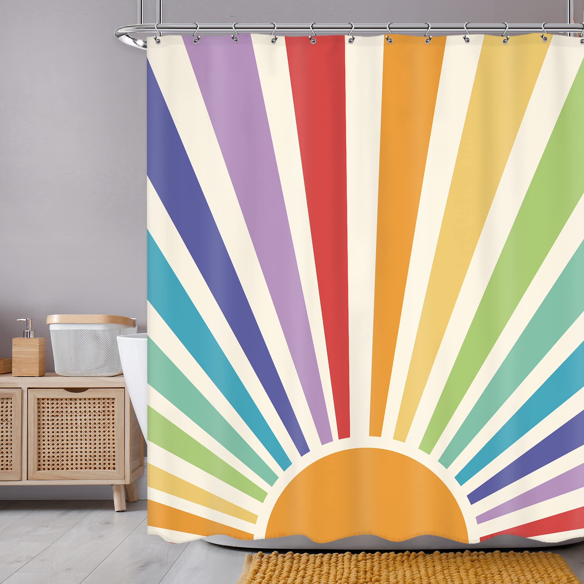 Newsely Boho Vintage Sun 70S Shower Curtain 60Wx72H Inch Retro Rainbow Cute Sunshine Sunrise Sunset Colorful Abstract Shower Cur